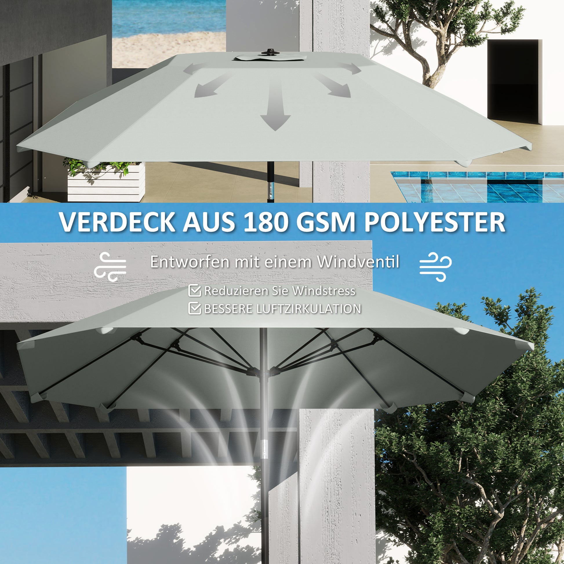 2,3 m Sonnenschirm ohne Basis, Verstellbar mit Kurbel, Polyester, Aluminium, Fiberglas