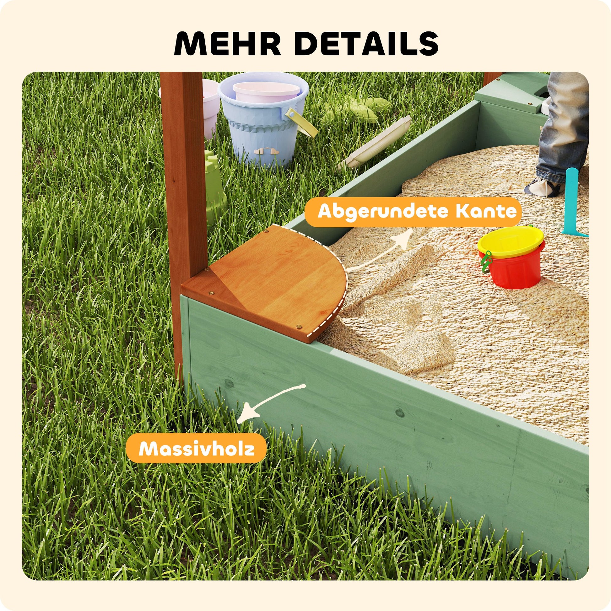 Sandkasten mit Sonnendach für Kinder, 2 Aufbewahrungsbehälter, 116L x 112,5B x 128H cm