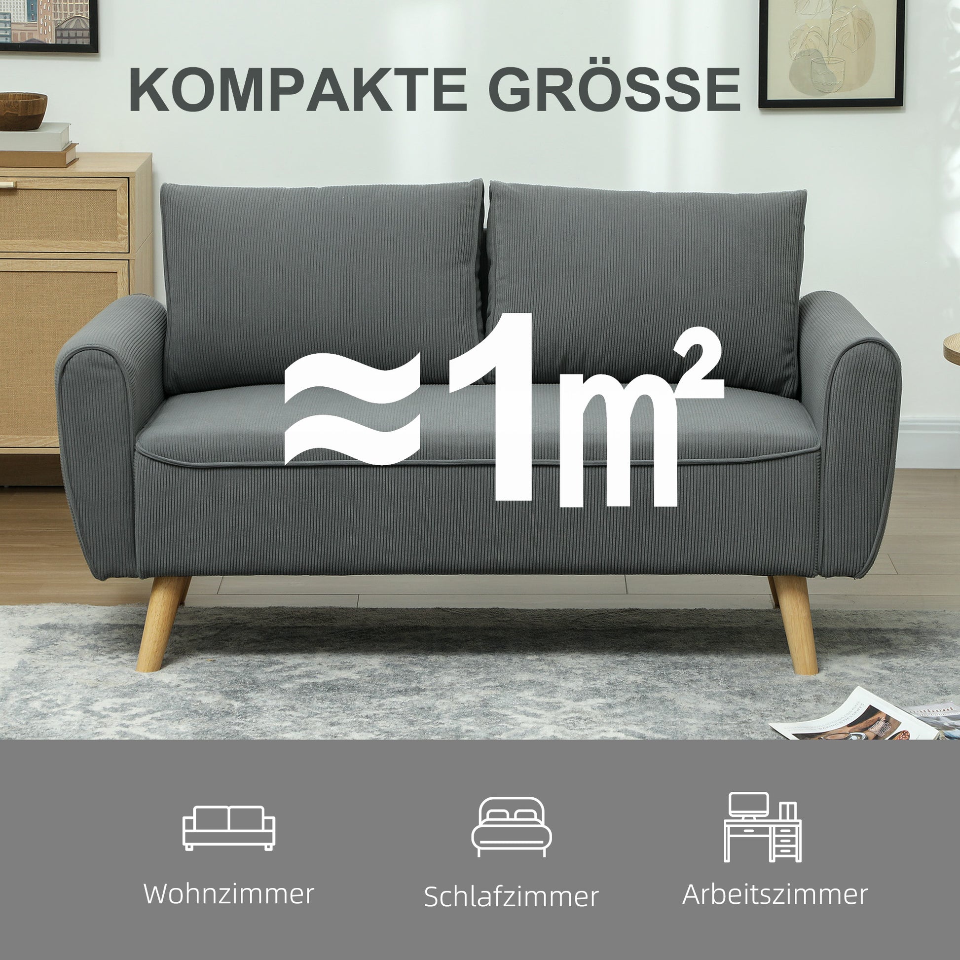 2 Sitzer-Sofa, Stoffcouch, 2 Rückenkissen, Cordbezug, 145 x 75 x 78 cm, Anthrazit