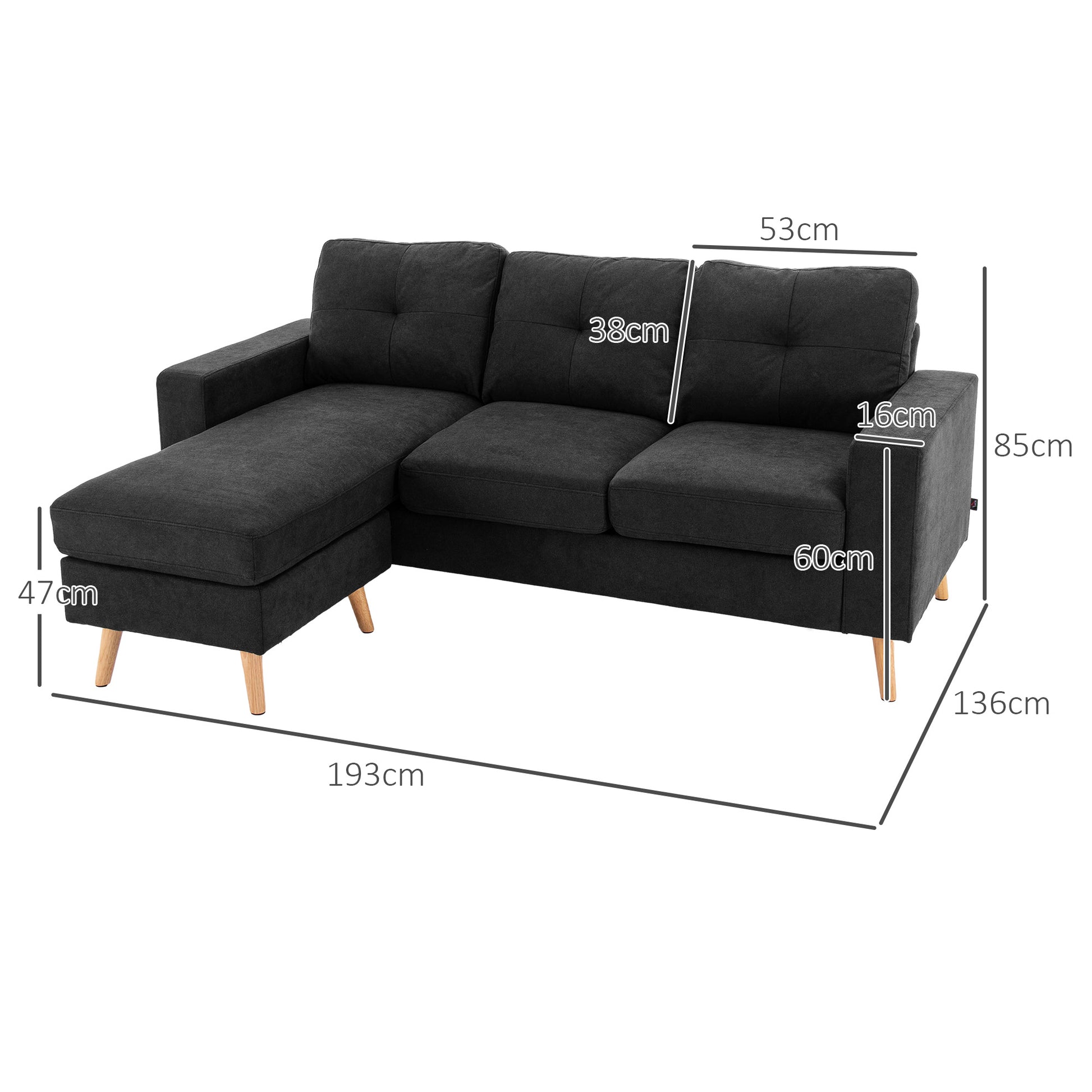 Ecksofa L-Form graue Eckcouch mit Chaiselongue Leinenoptik für 3 Personen 193x136x85cm Schwarz