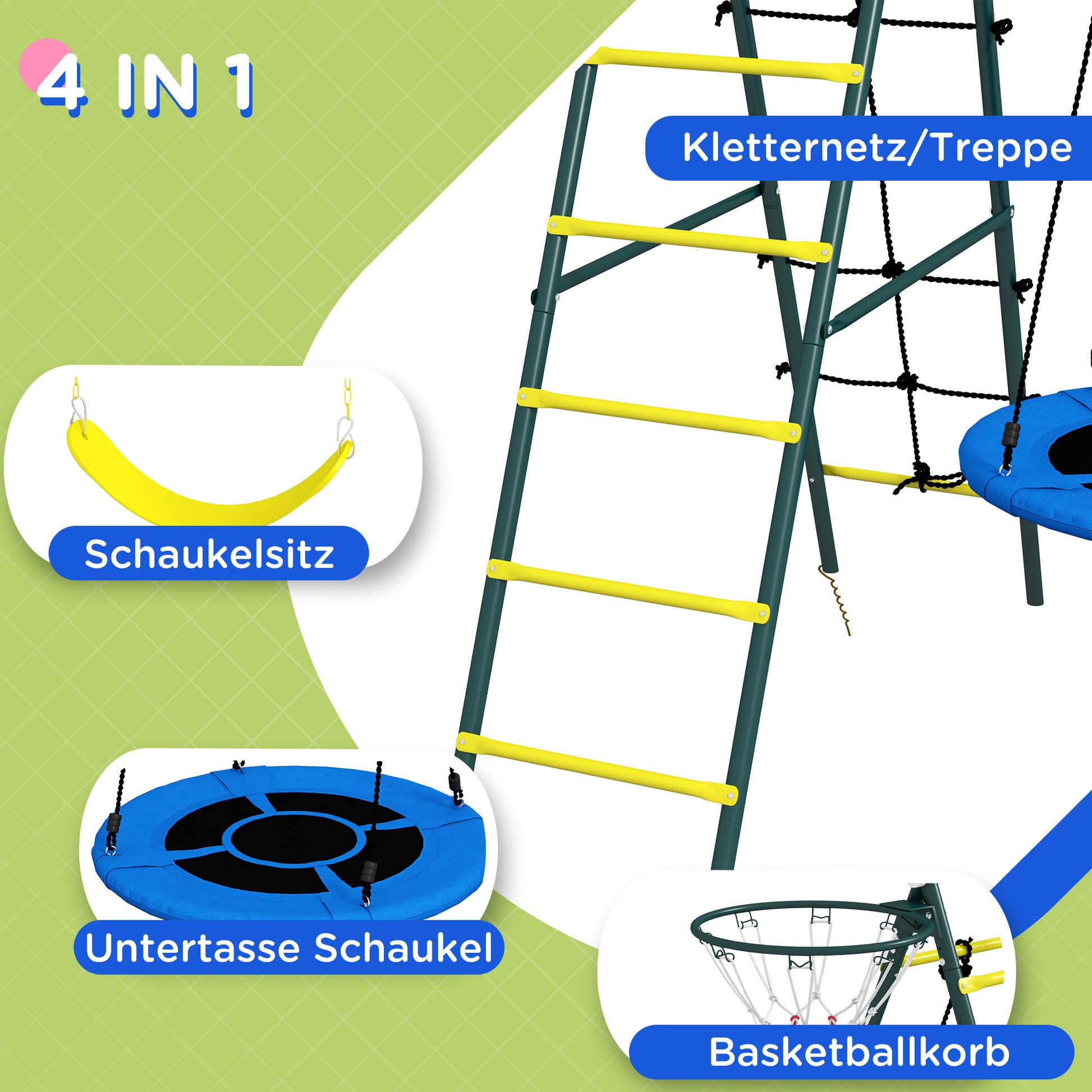 Kinderschaukel-Gerüst mit 2 Schaukeln, Basketballkorb, Kletterleiter, 267x180x202 cm