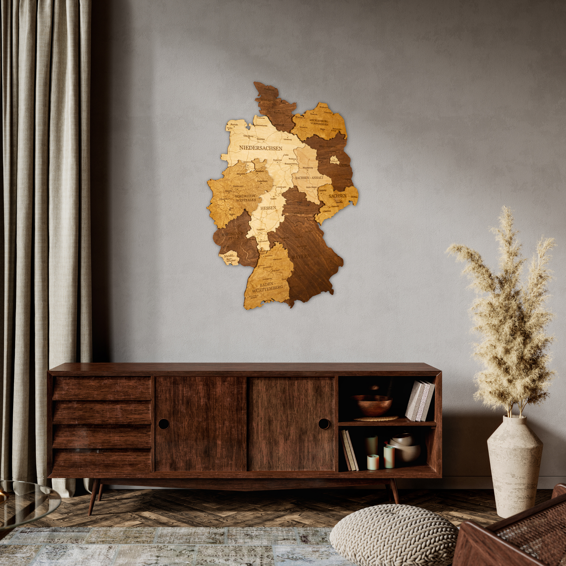 3D Holzkarte Deutschland – Handgefertigte Wanddeko mit Städten & Grenzen