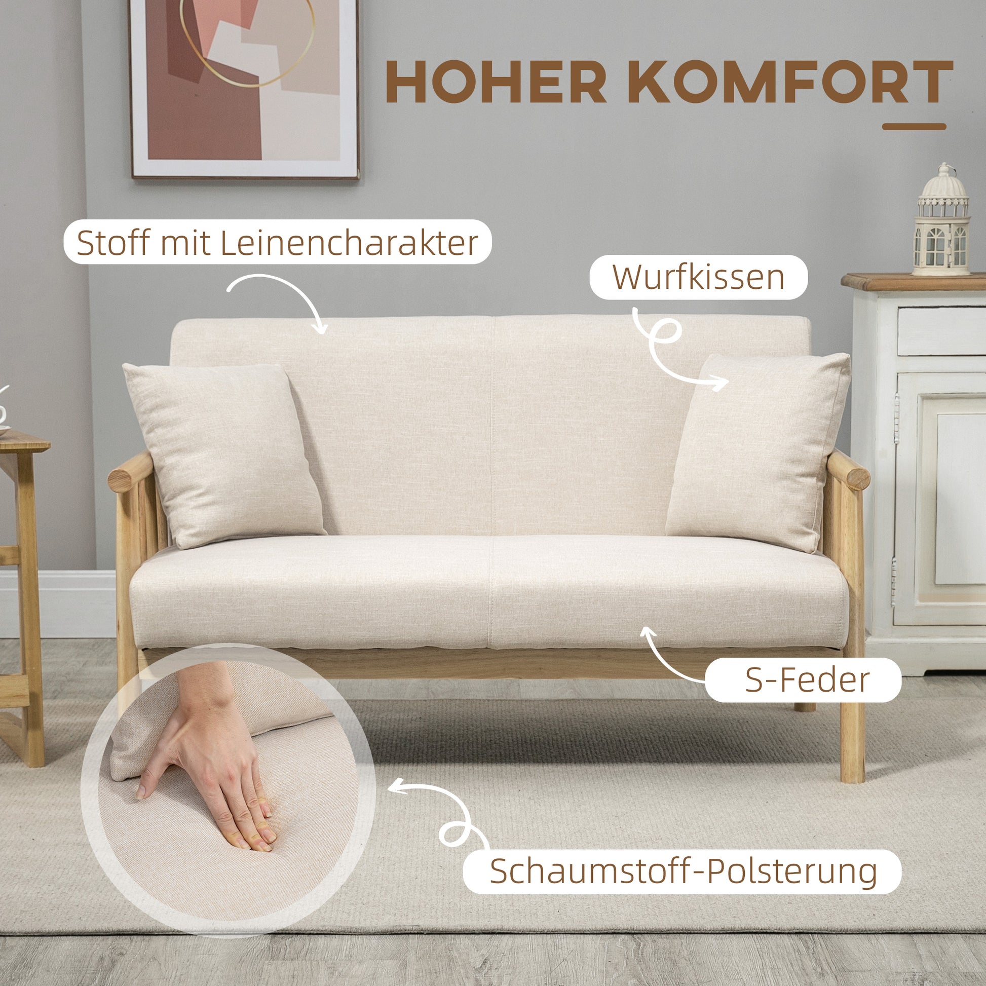 2-Sitzer Sofa, Stoffbezug in Leinenoptik, bis 200 kg, Holzrahmen, 123L x 69B x 74H cm, Beige