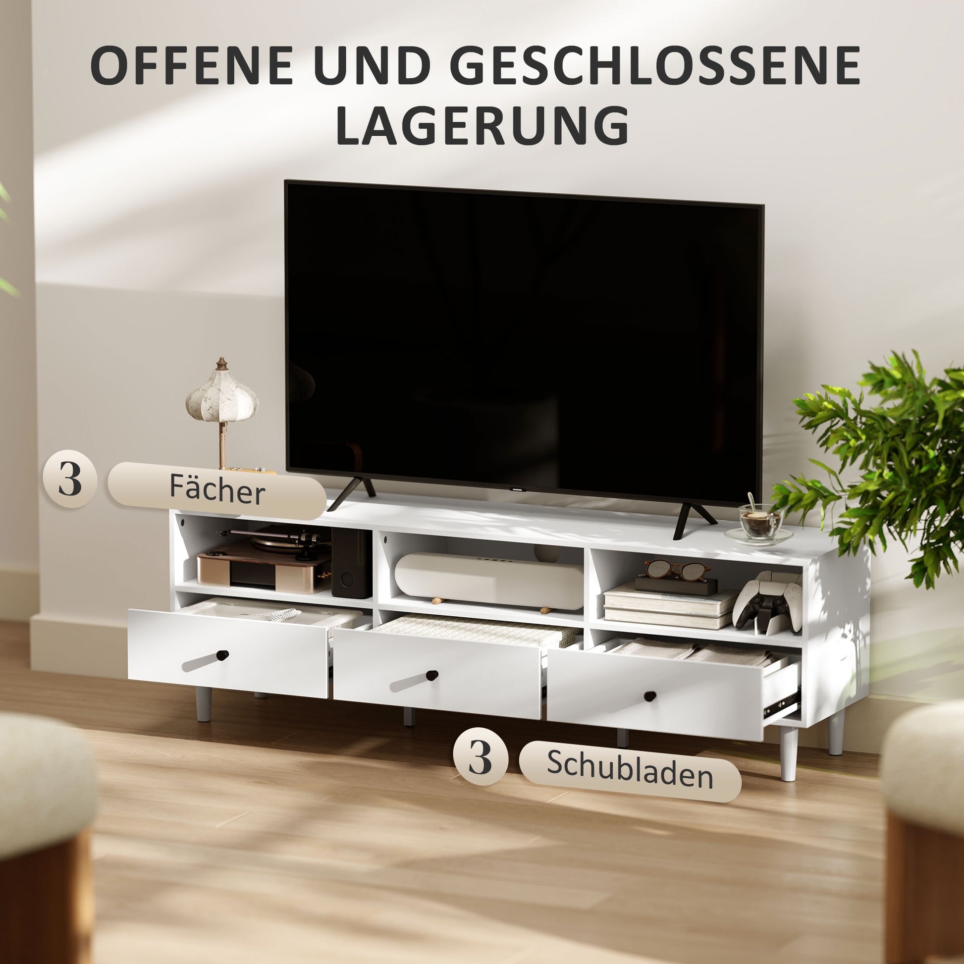 TV-Kommode, TV-Ständer für 75-Zoll-Bildschirme, 3 offene Fächer, 3 Schubladen, Spanplatte