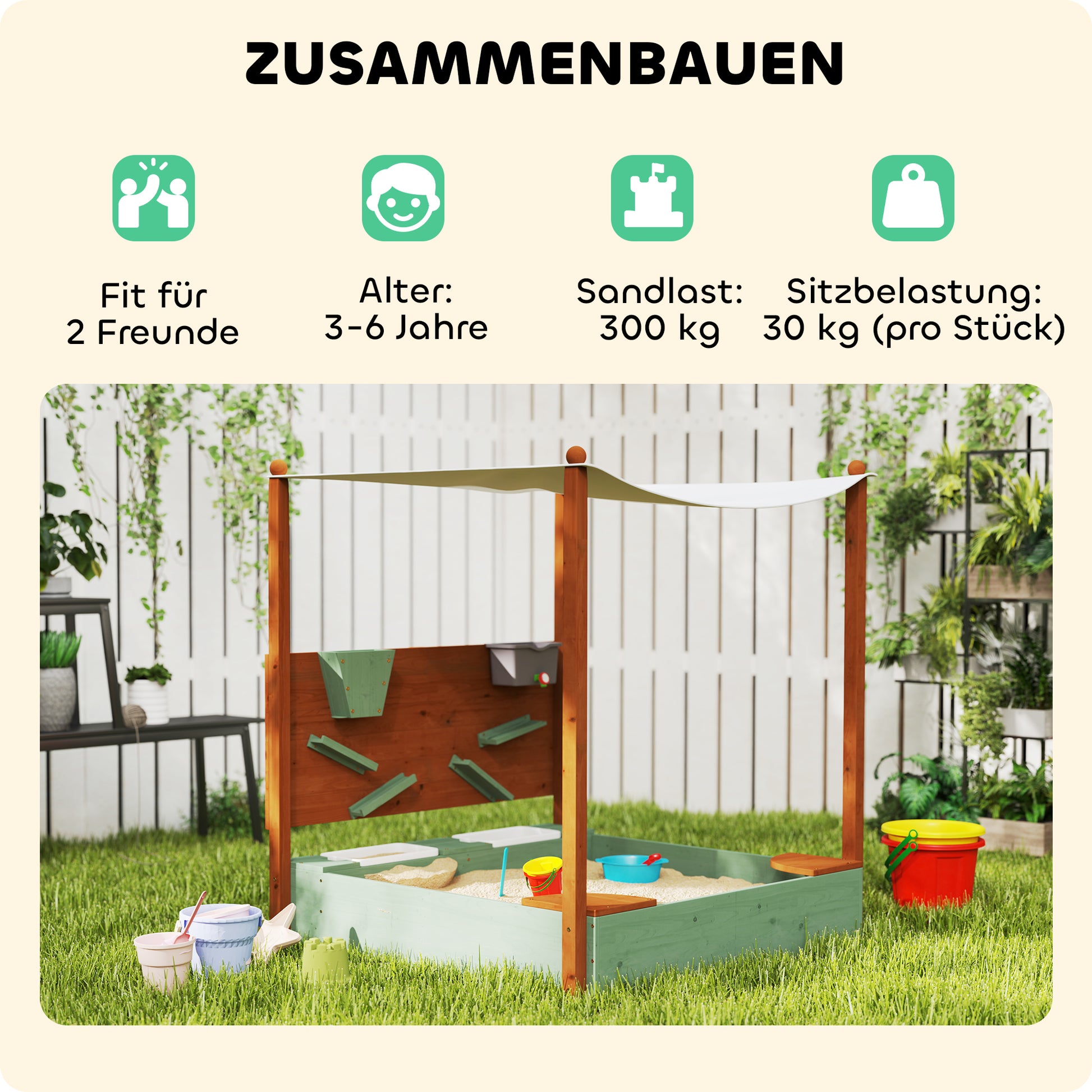 Sandkasten mit Sonnendach für Kinder, 2 Aufbewahrungsbehälter, 116L x 112,5B x 128H cm