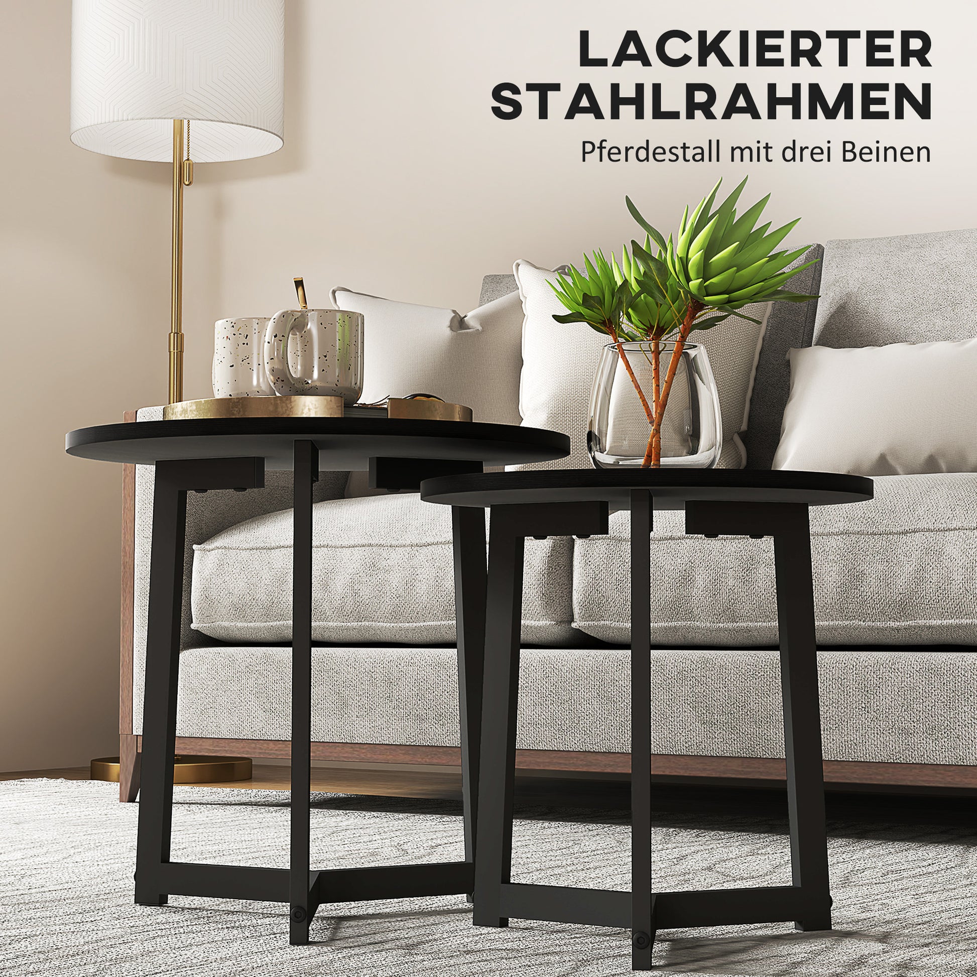 Moderner Couchtisch als 2er-Set, Metallrahmen, MDF, Rundes Design, ineinander verschiebbar