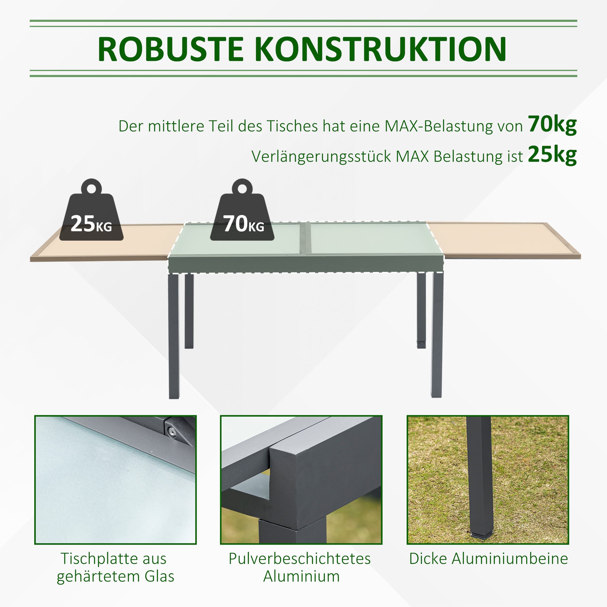 Ausziehbarer Gartentisch mit gehärteter Glasplatte Aluminium Rechteck, Grau Weiß 270 cm