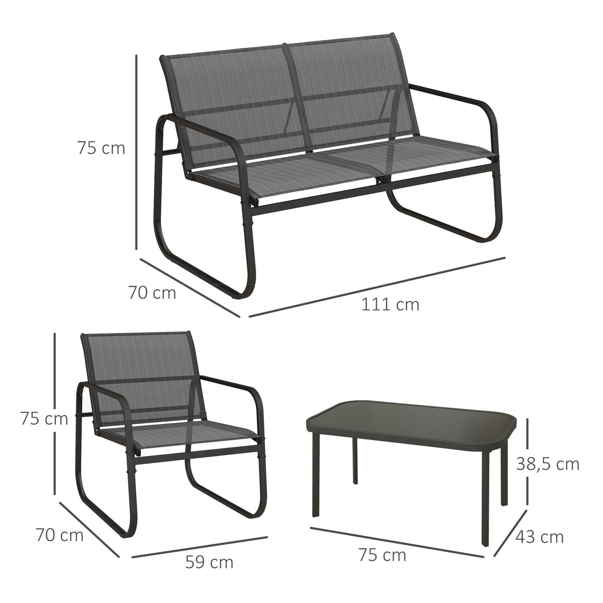 4-teilige Gartengarnitur, 2 Sessel, 2-Sitzer-Sofa, Glasplatte, atmungsaktiver Stoff, Metallrahmen