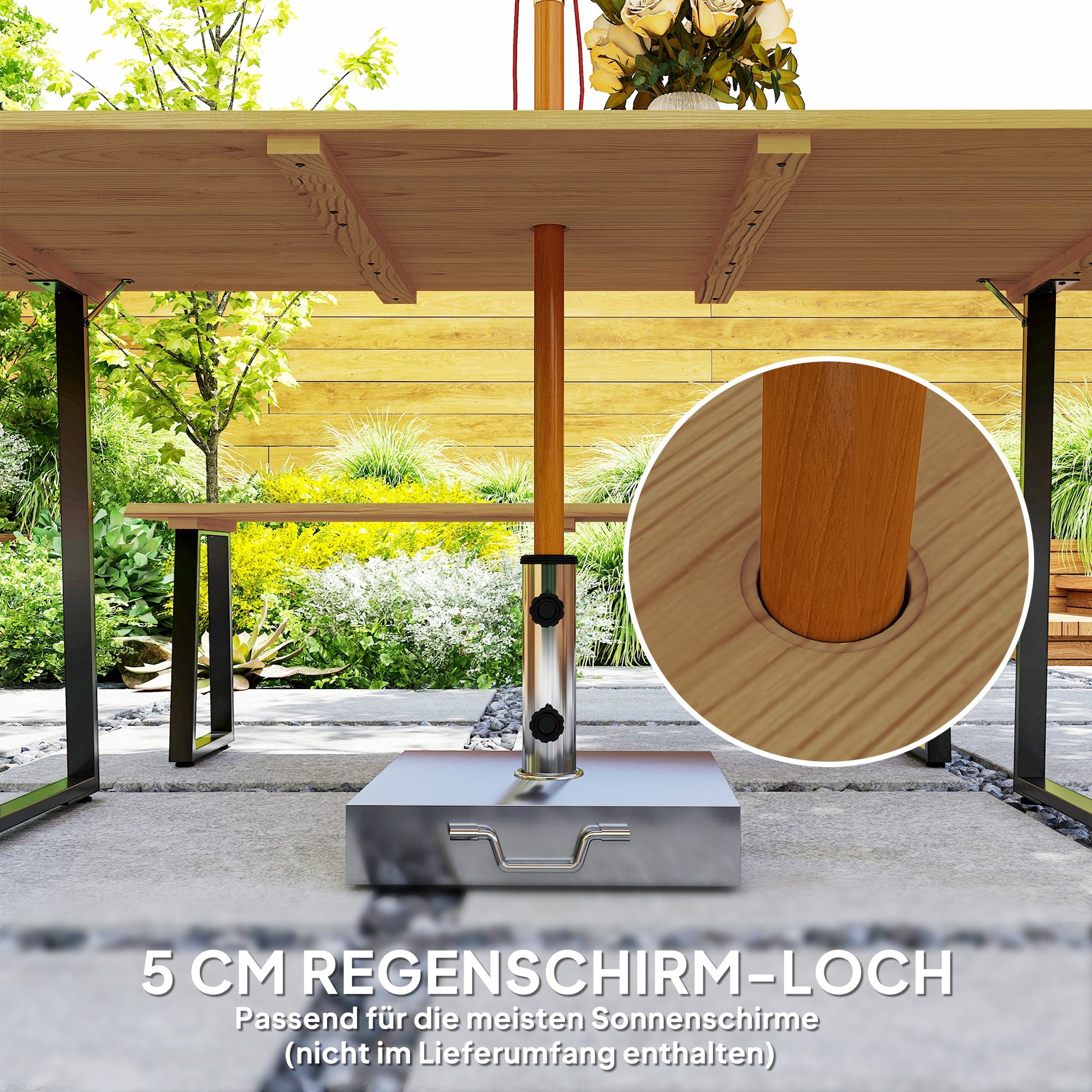 Sitzgruppe 3-teilig Holz für 6 Personen Esstisch mit 2 Bänke Schirmloch Holztisch Naturholz