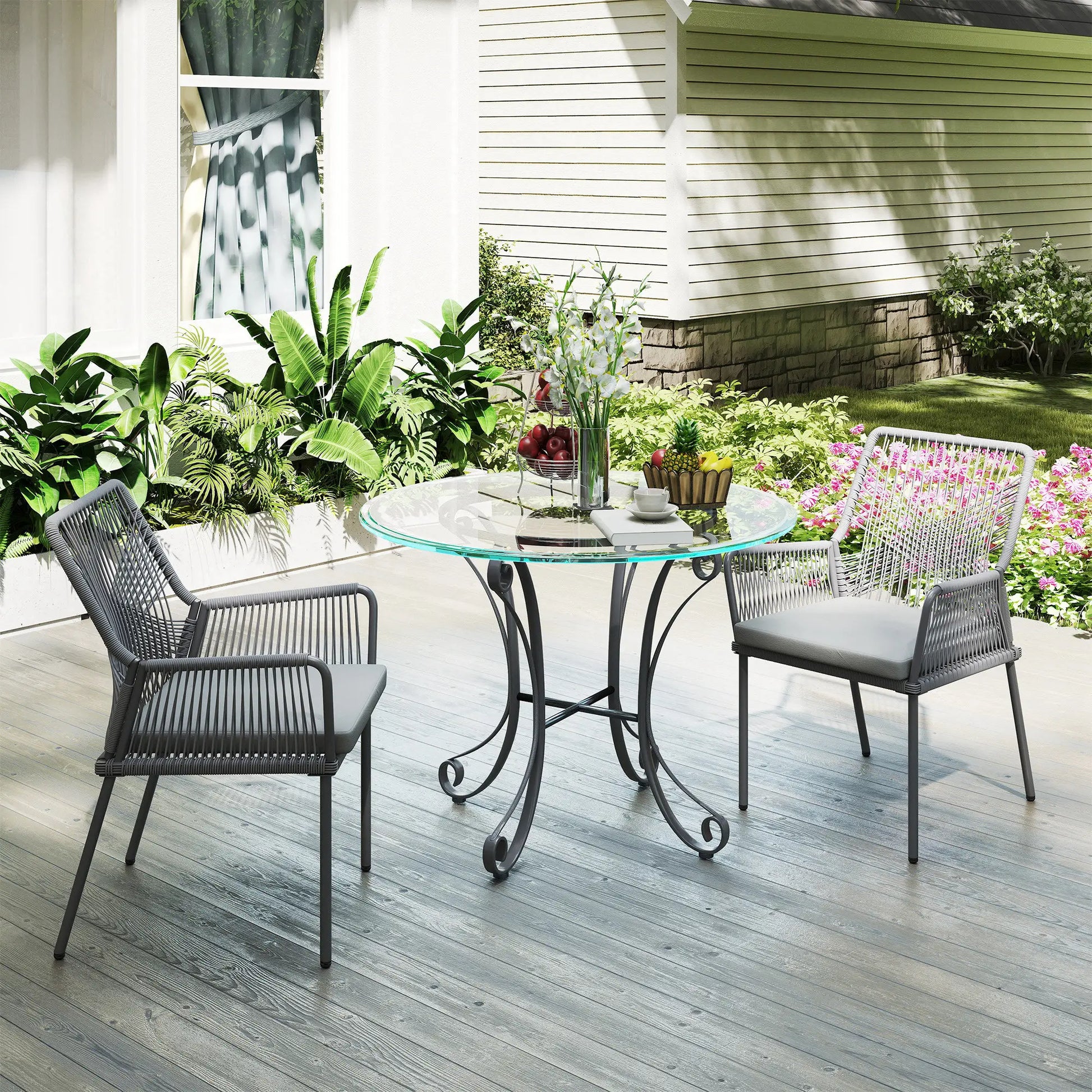 2er-Set Gartenstühle, Terrassenstühle, waschbare Kissen, Stahl, Rattan, Dunkelgrau