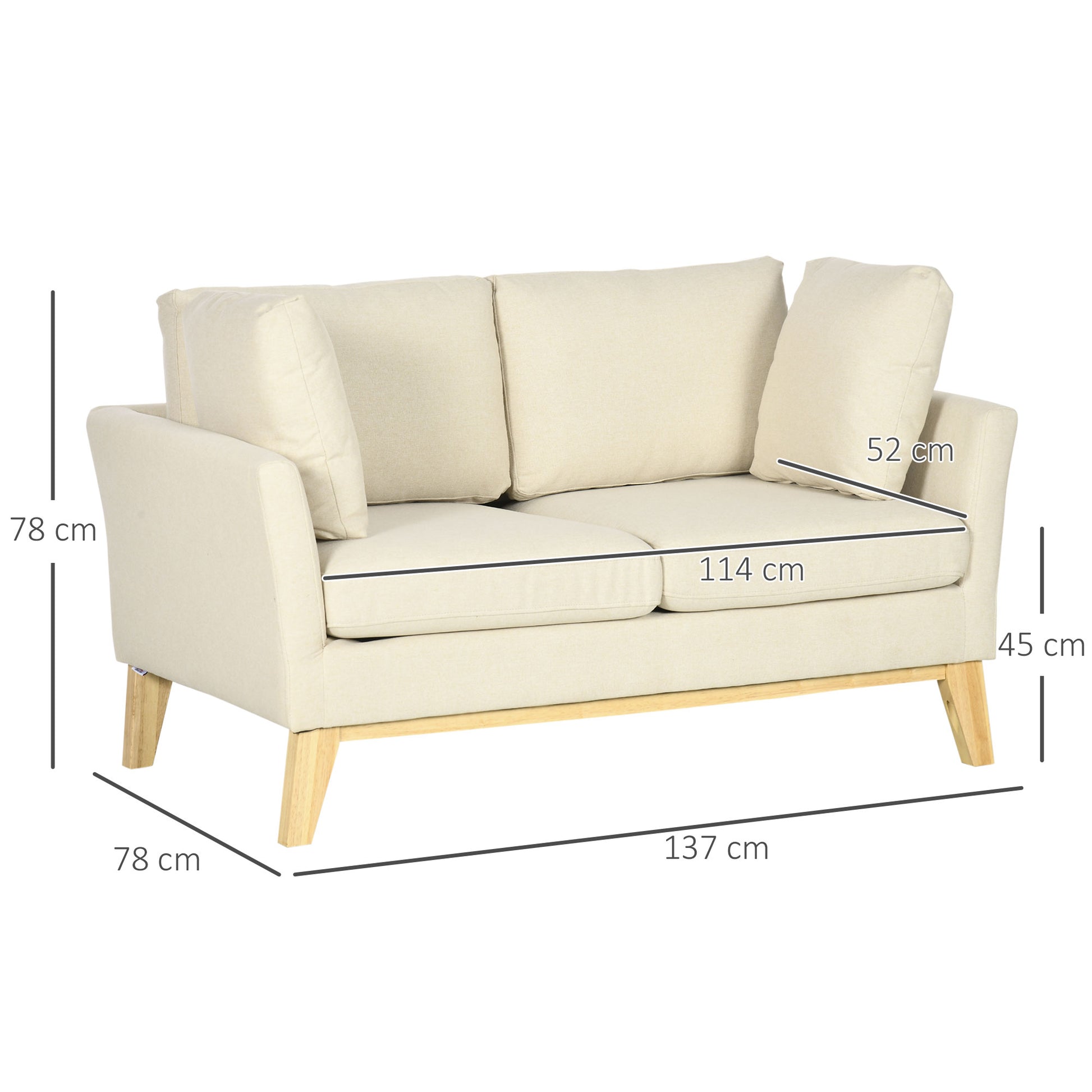 2 Sitzer Sofa, skandinavisches Design, 2 Wurfkissen, Naturholzrahmen, beige, 137 x 78 x 78 cm