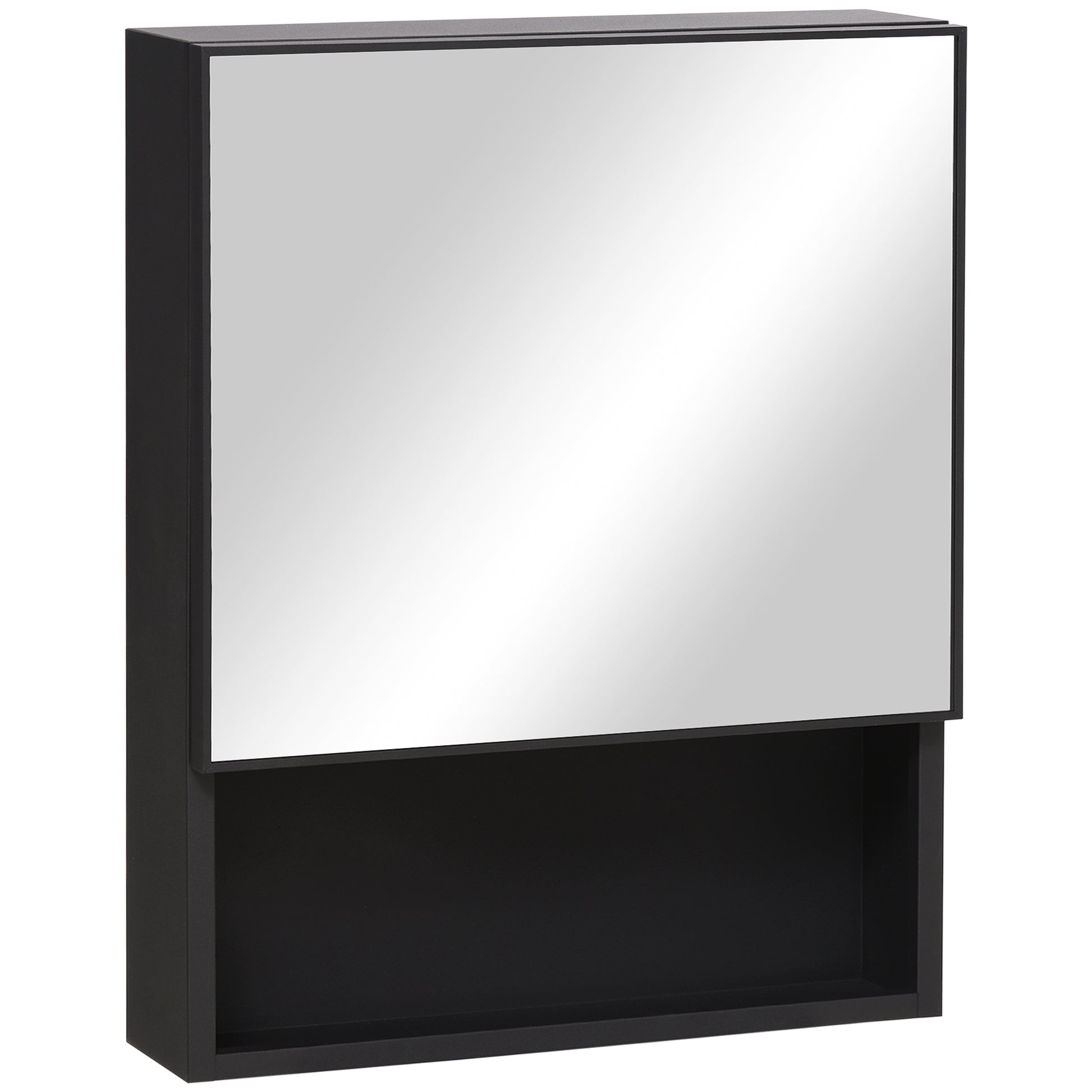 Spiegelschrank, 2 Innenböden, offenes Regalfach, Stahlgehäuse, schwarz, 46 x 13,5 x 58 cm