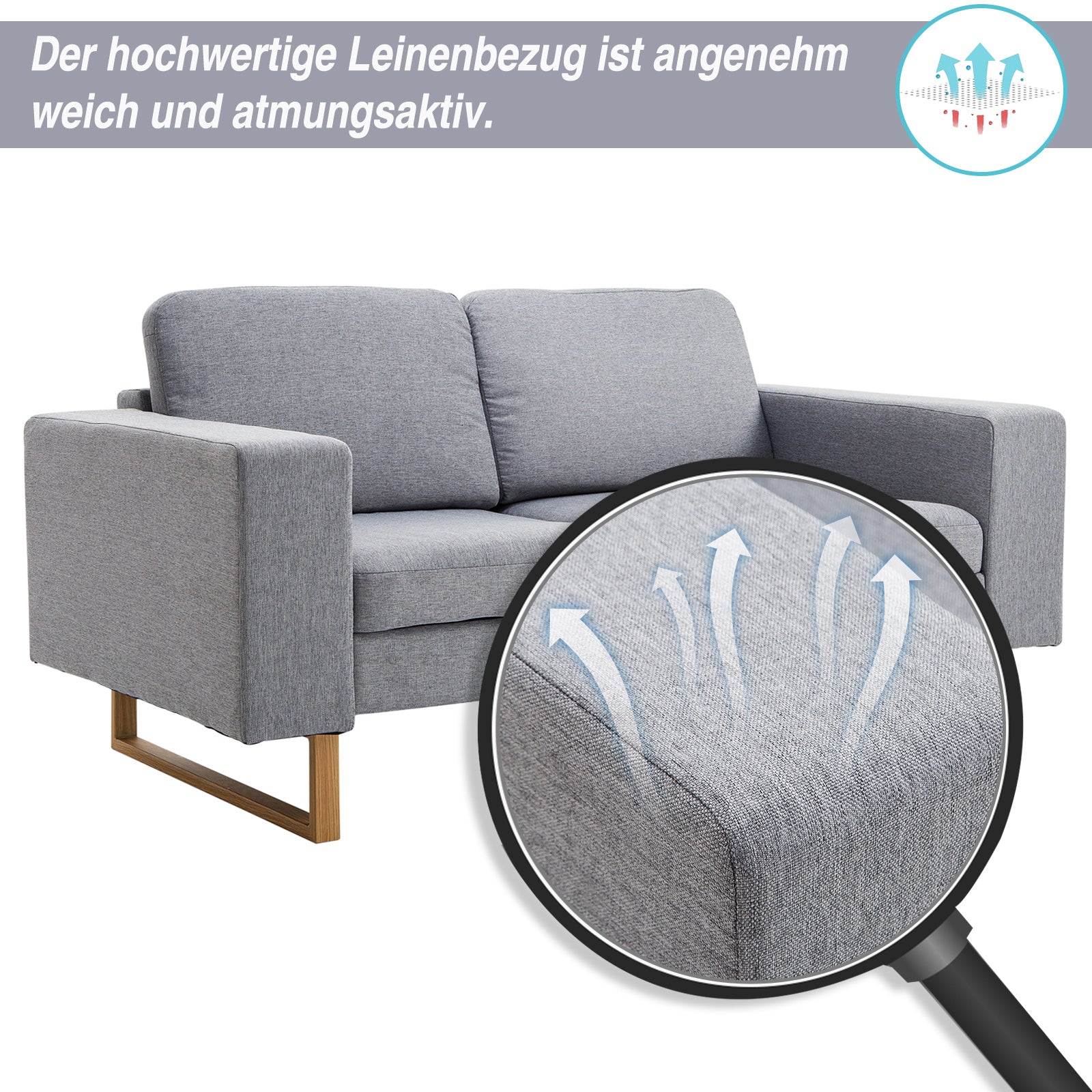 2-Sitzer Sofa  Ecksofa Polstersofa, Stoffsofa, Holz, Dunkelgrau/Hellgrau