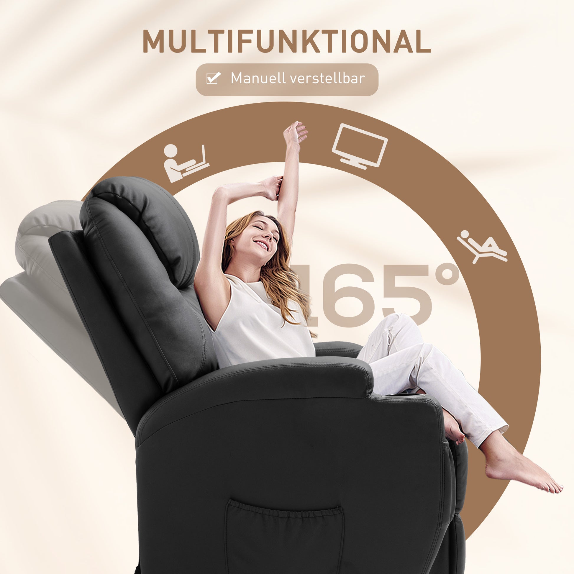 Massagesessel Relaxsessel Massage Liegefunktion Kunstleder Schwarz/Beige 82x97x110cm