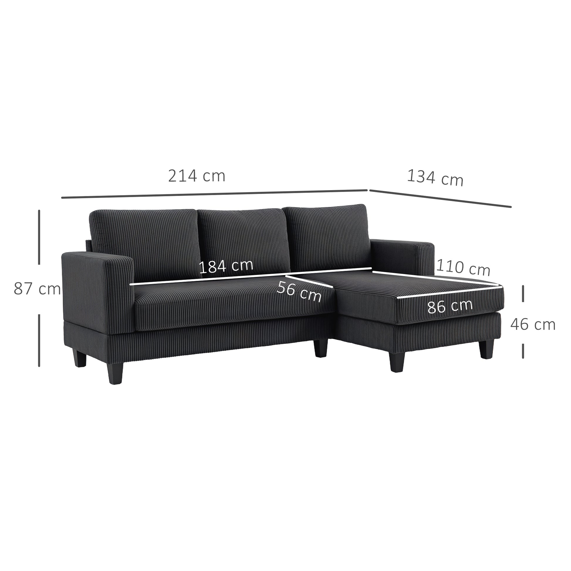 Ecksofa mit Chaiselongue 3 Sitzer L Form Gepolsterte mit Cord-Optik, Hochdichtem Schaumstoff, 214 x 134 x 87 cm Dunkelgrau