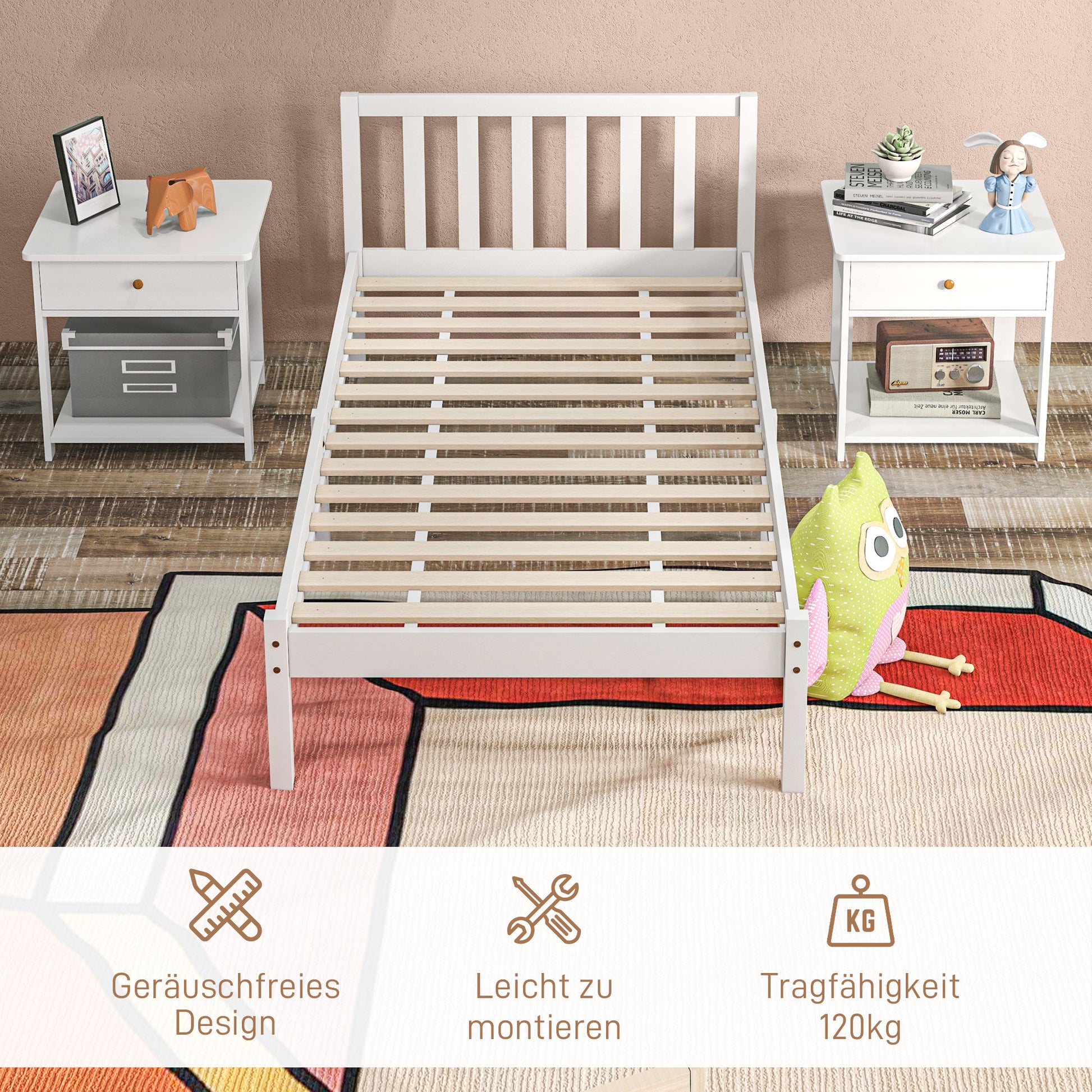 Bettrahmen Holzbett 208 x 96 cm mit Lattenrost & Kopfteil, elegantes Einzelbettgestell für Schlafzimmer in Weiß