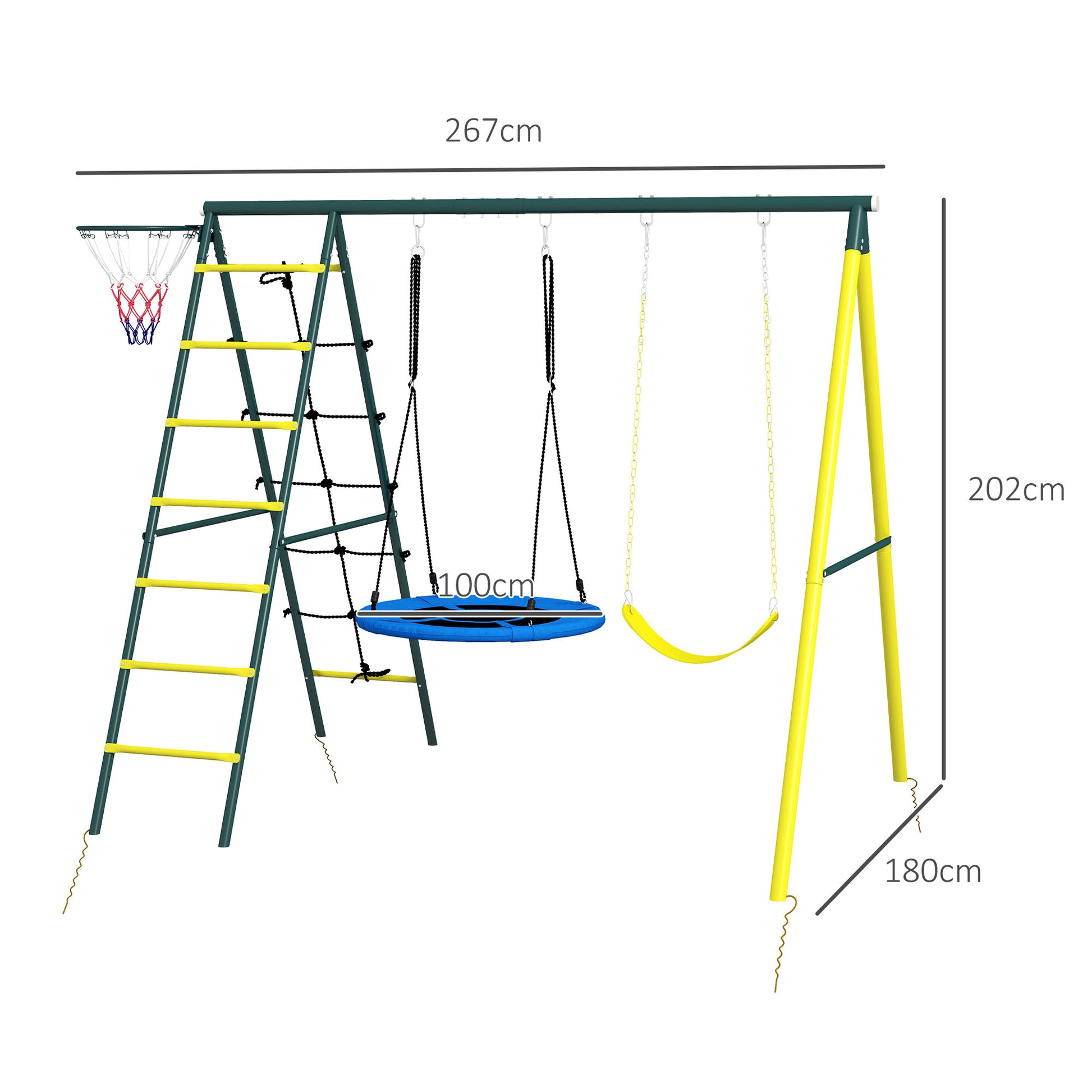 Kinderschaukel-Gerüst mit 2 Schaukeln, Basketballkorb, Kletterleiter, 267x180x202 cm