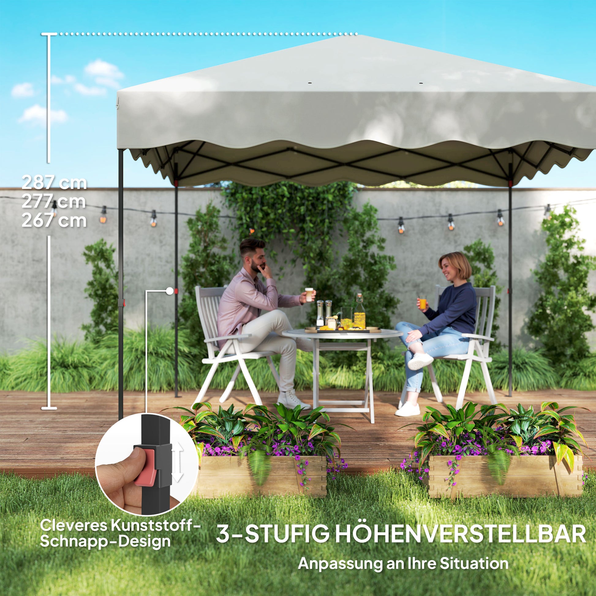 Pop-up-Pavillon 3 x 3m, Höhenverstellbares Gartenzelt, mit Rolltasche, Terrasse, Metall, Stoff