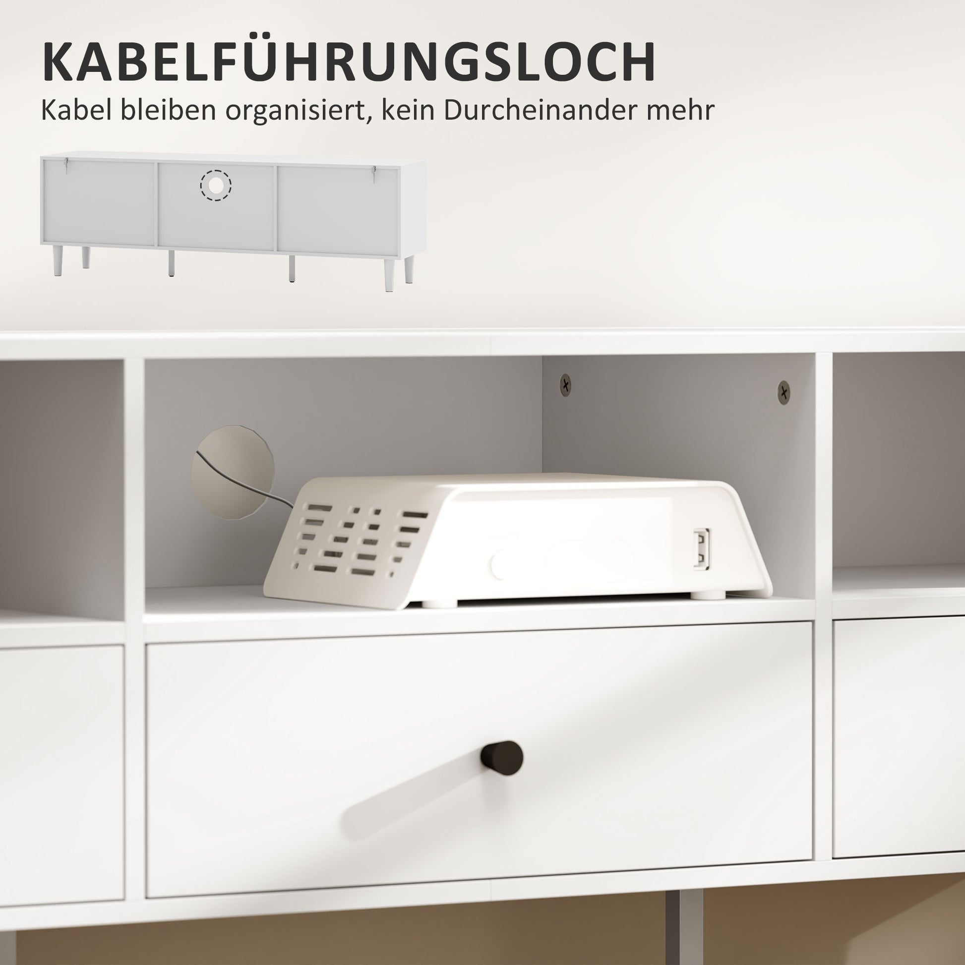 TV-Kommode, TV-Ständer für 75-Zoll-Bildschirme, 3 offene Fächer, 3 Schubladen, Spanplatte