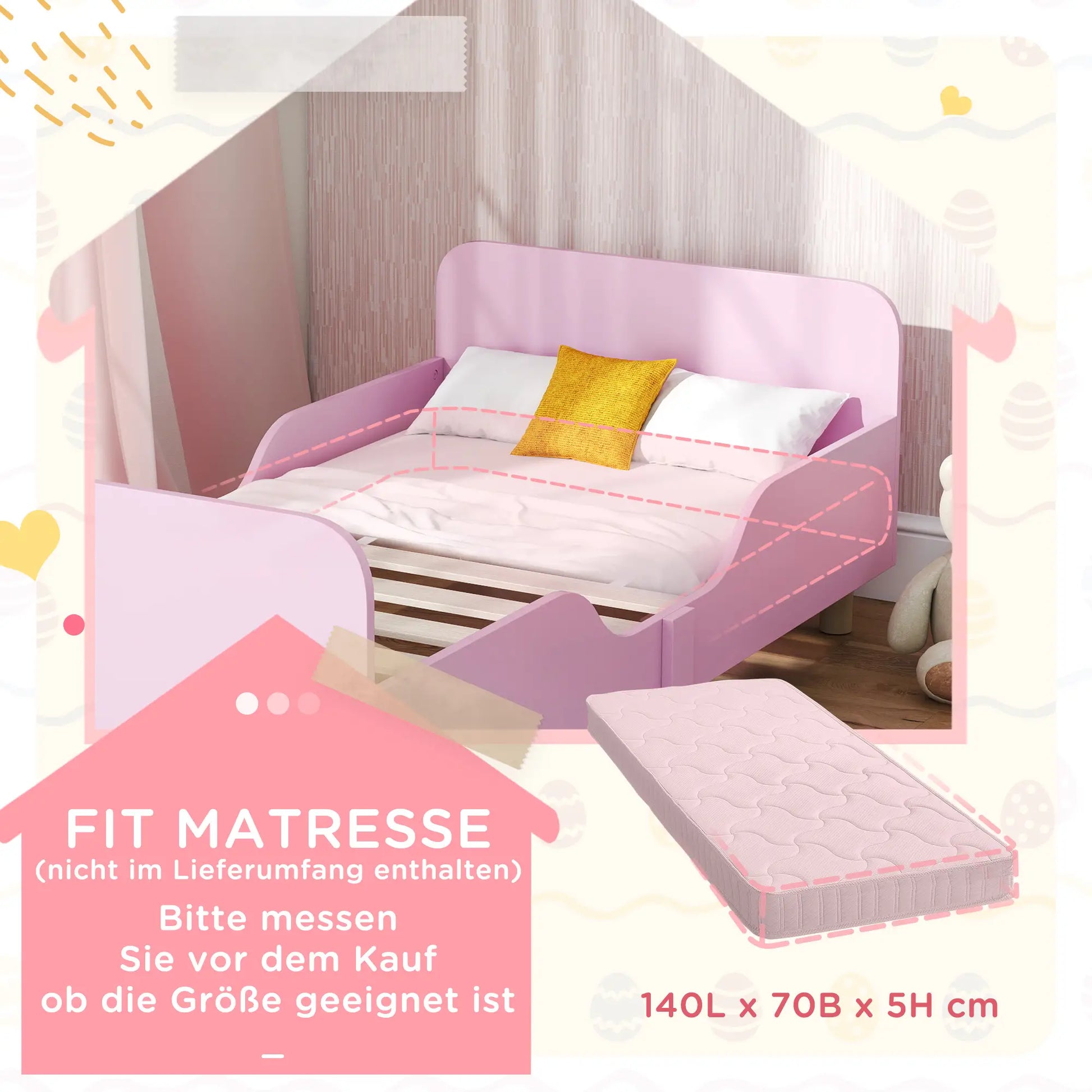 Kinderbettgestell, Einzelbettrahmen für Kinder, Schutzgitter, kleines Bett für Kinderzimmer, MDF, ohne Matratze, Rosa