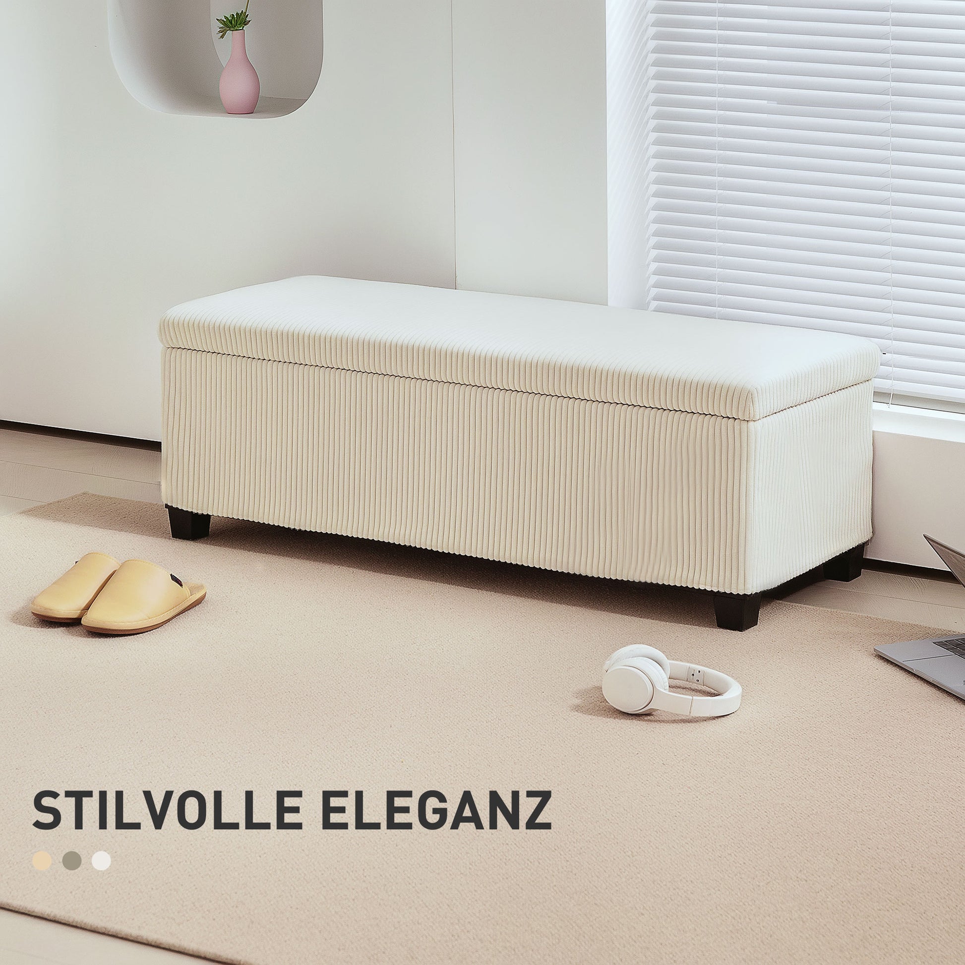 Sitzbank mit Stauraum, Aufbewahrungsbank, Cord-Design, Stahlrahmen, Beige