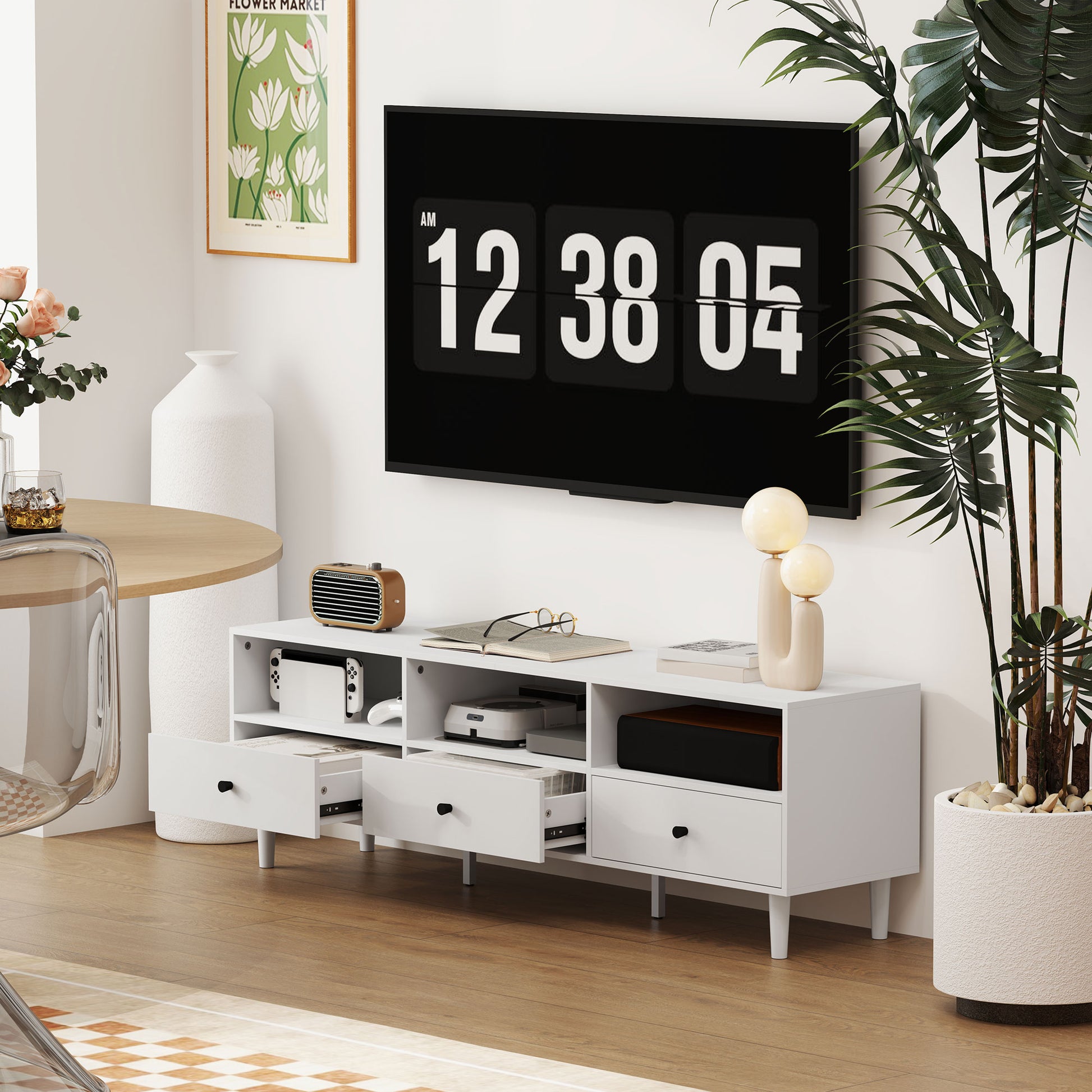 TV-Kommode, TV-Ständer für 75-Zoll-Bildschirme, 3 offene Fächer, 3 Schubladen, Spanplatte