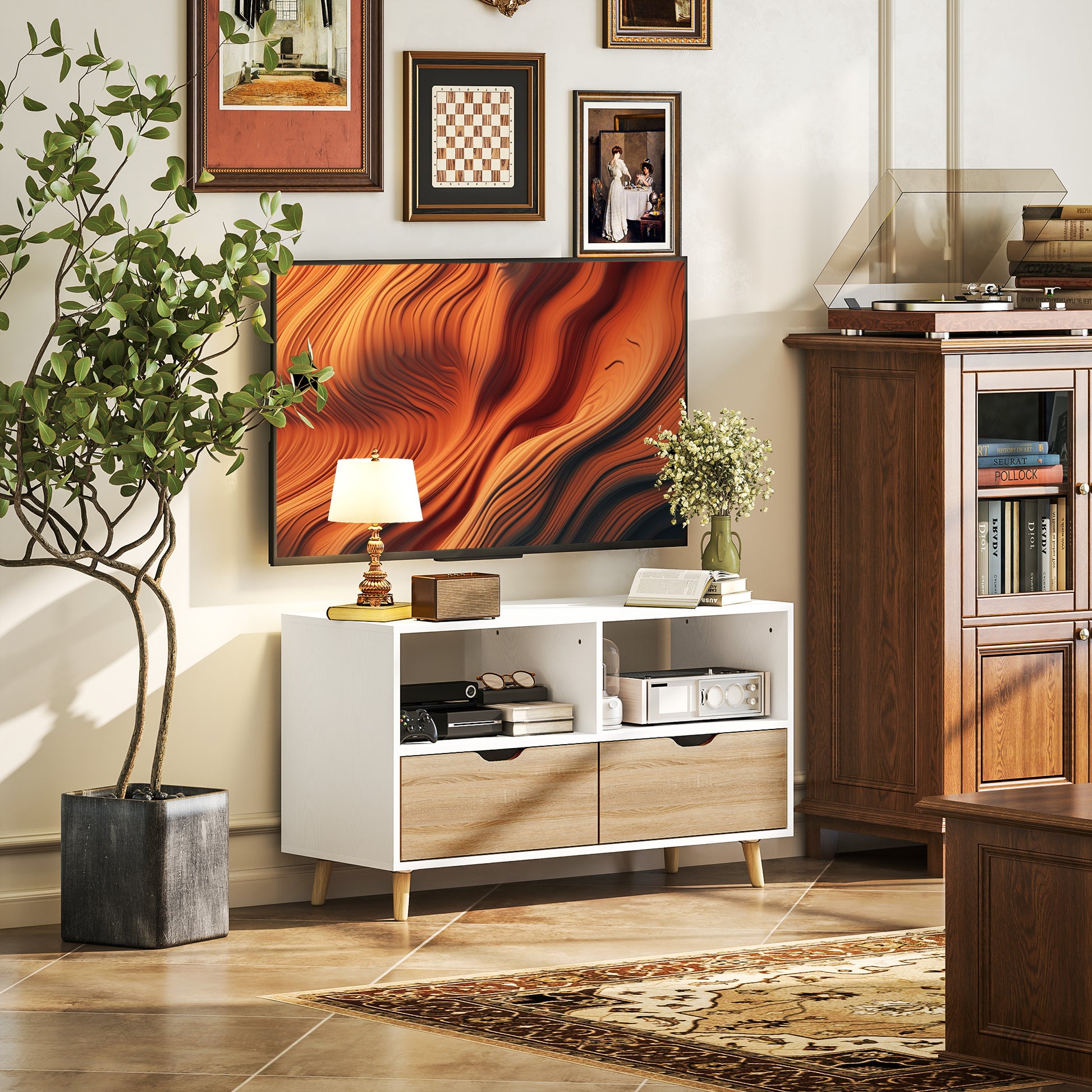 TV-Schrank, TV-Kommode mit Schubladen, Offene Regale, Holz, 99 x 39 x 58 cm