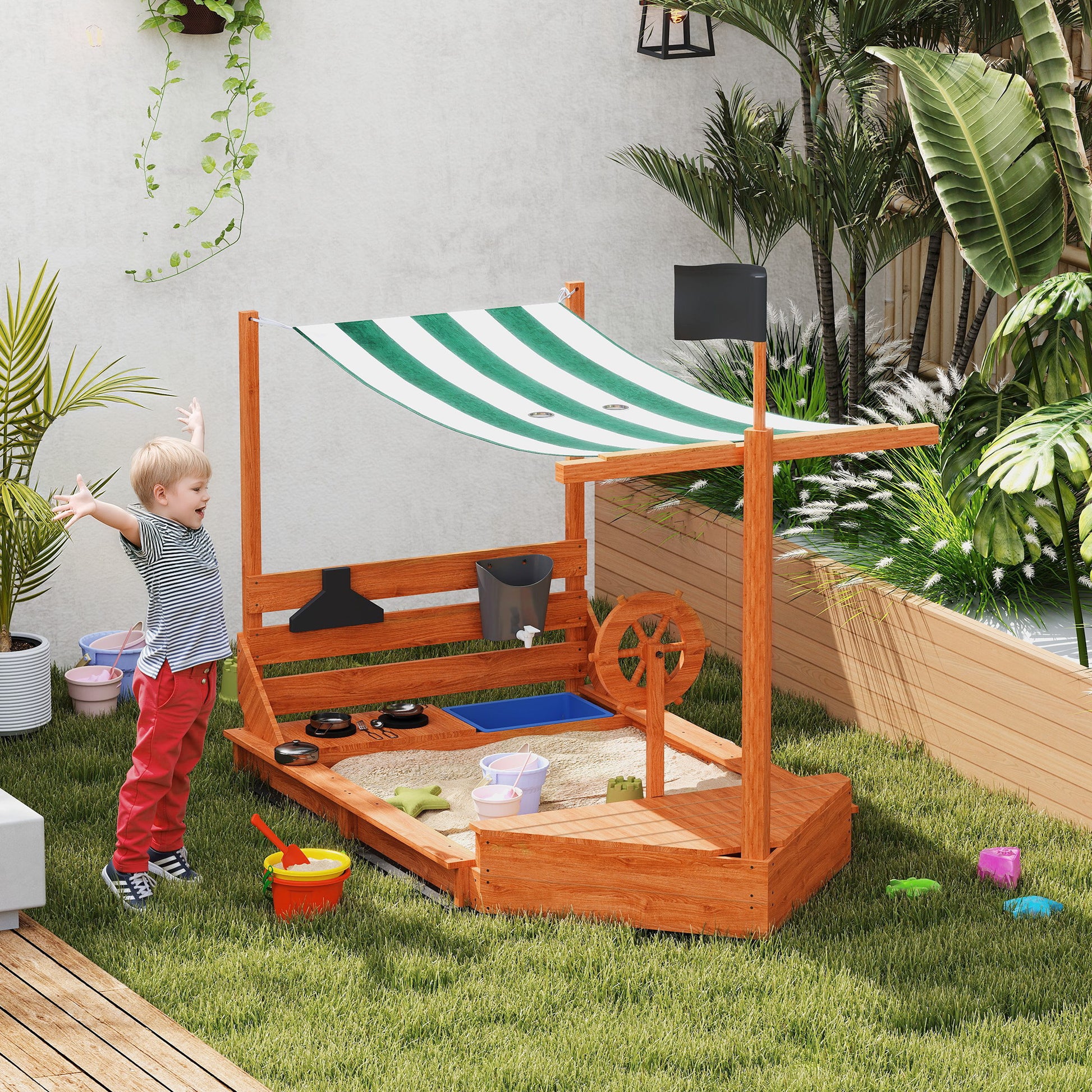 Sandkasten mit Sonnendach Piratenschiff, inkl. Kinderküchenspielset, Massivholz, 180x103x144,5 cm