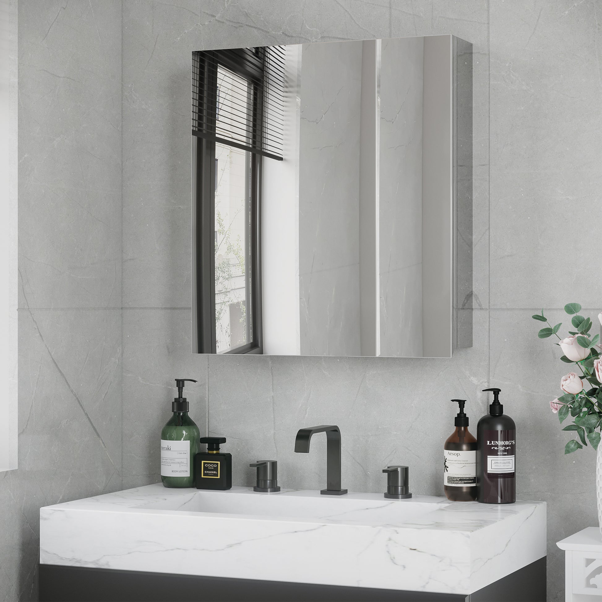 Spiegelschrank, 2 Spiegeltüren, 3 Innenböden, Edelstahl, Farbe: Silber, 54 x 13 x 60 cm