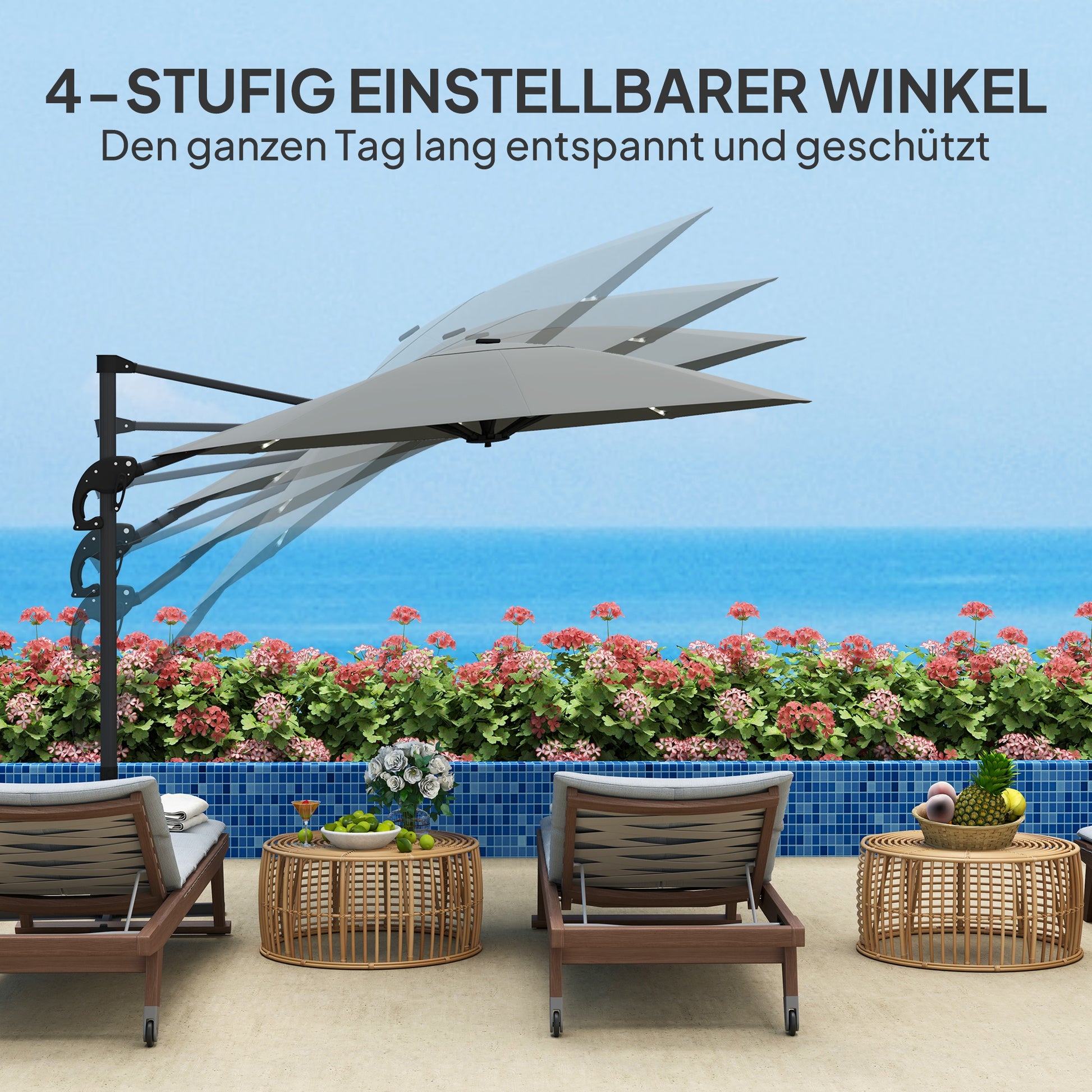 Ampelschirm LED Solar Ø300 cm höhenverstellbar Sonnenschirm mit Kurbel Ständer UV50+