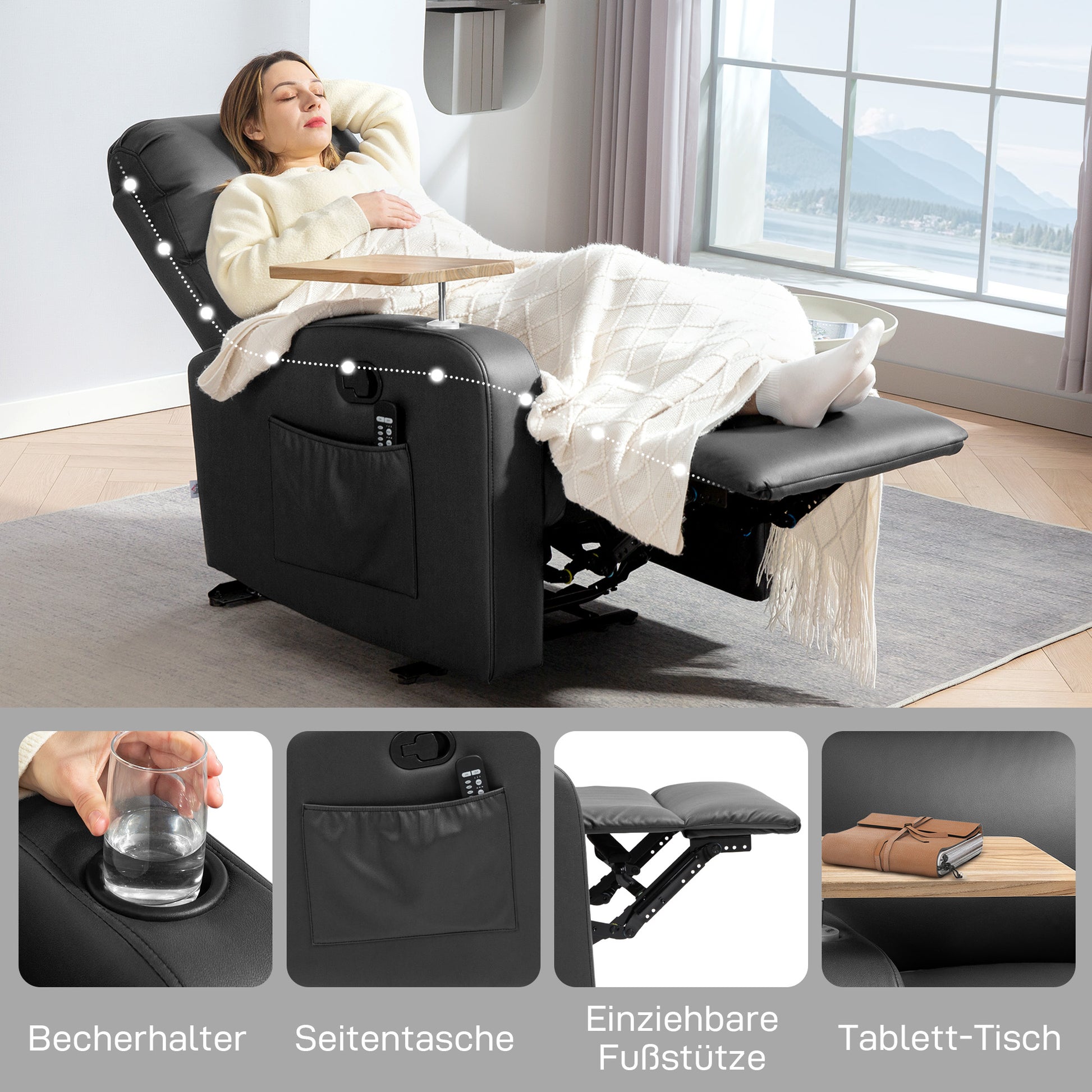 Massagesessel Relaxsessel Liegesessel, 1 Klapptisch, 1 Fußstütze; 77 cm x 93 cm x 105 cm