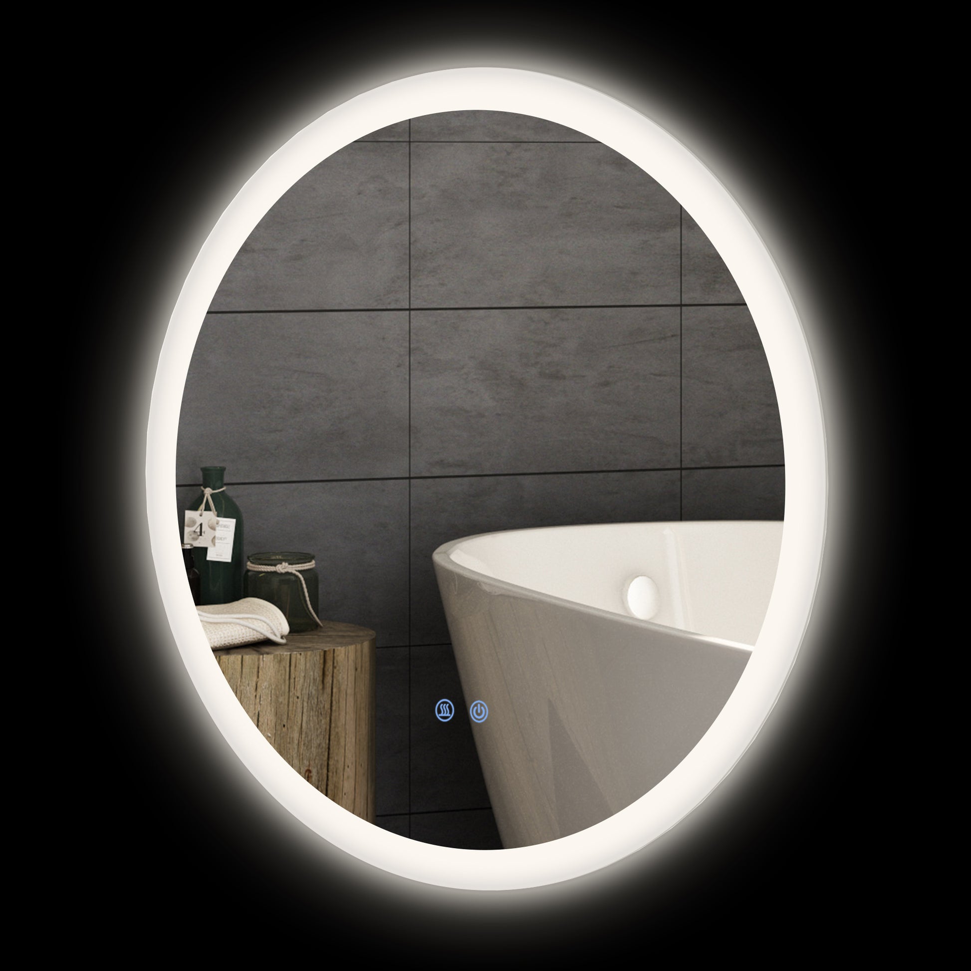 LED Badspiegel, einstellbare Helligkeit, Entnebelung, Touch, Metall/Glas, Ø60 cm, Weiß/Silber