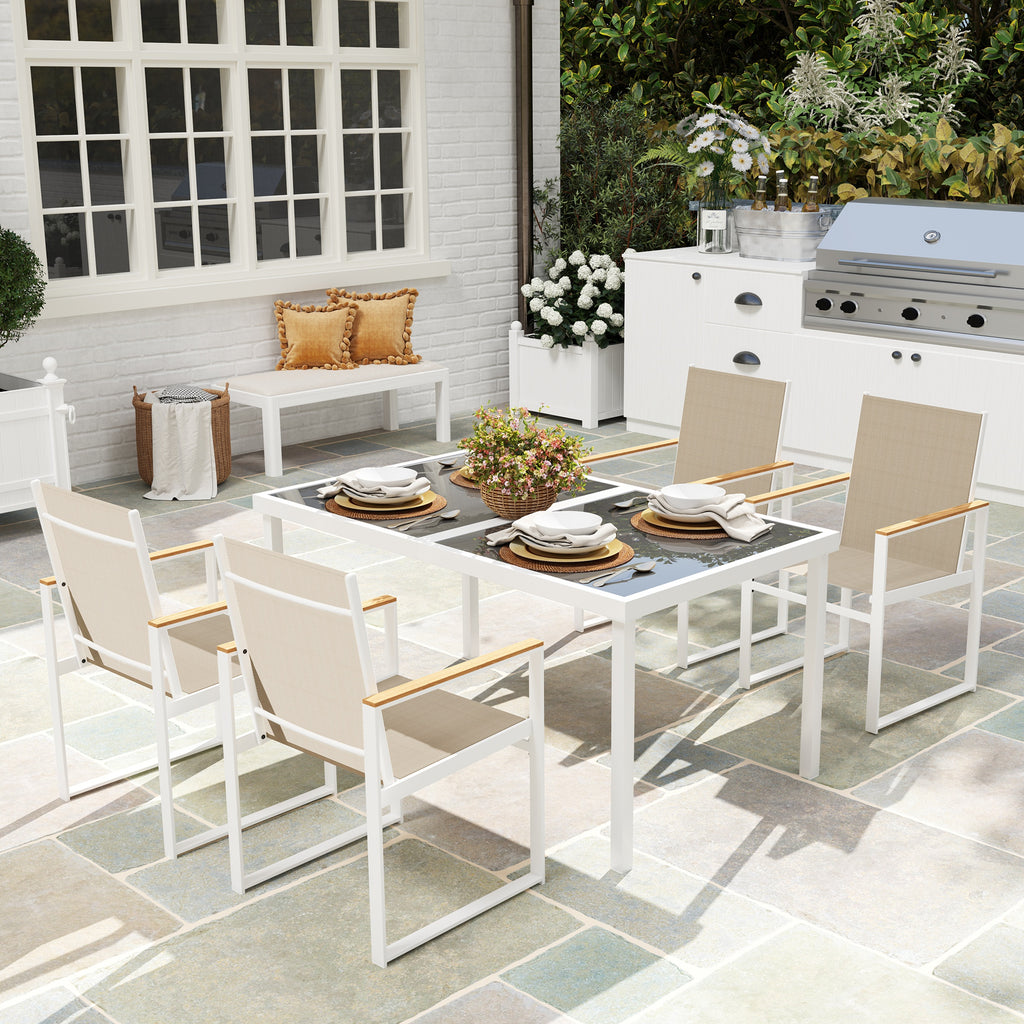 5-teiliges Ess-Set, Outdoor-Tisch aus Hartglas, 4 Stühle, wetterbeständig, Stahlrahmen