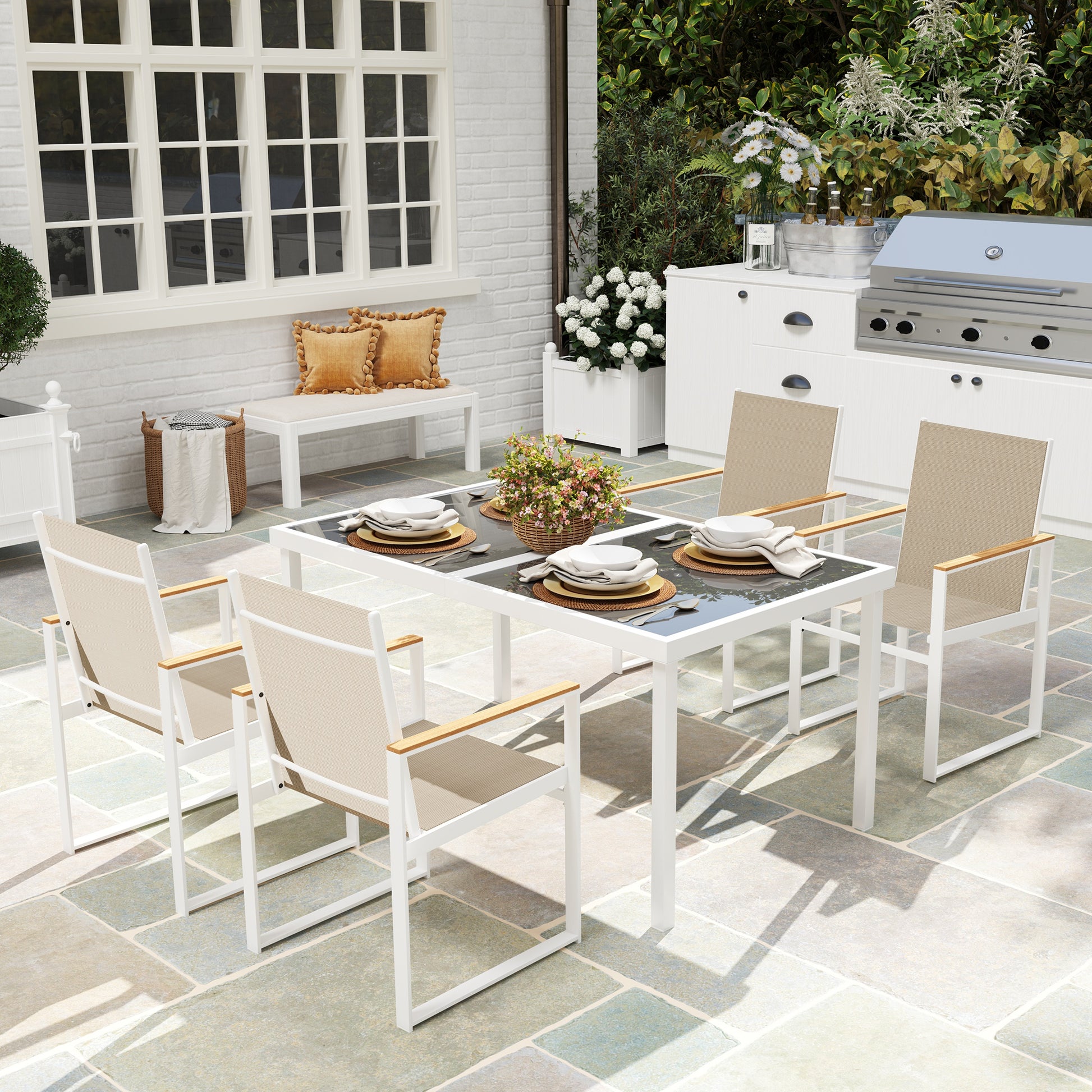 5-teiliges Ess-Set, Outdoor-Tisch aus Hartglas, 4 Stühle, wetterbeständig, Stahlrahmen