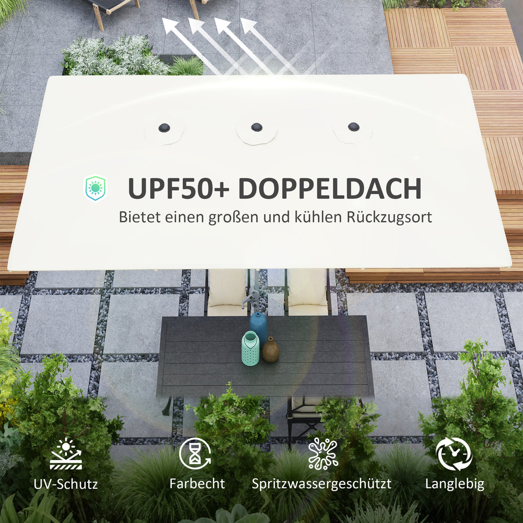 Doppelseitiger Schirm, 451 x 264 cm mit Kurbelsystem, 12 Metallstreben, Aluminiummast