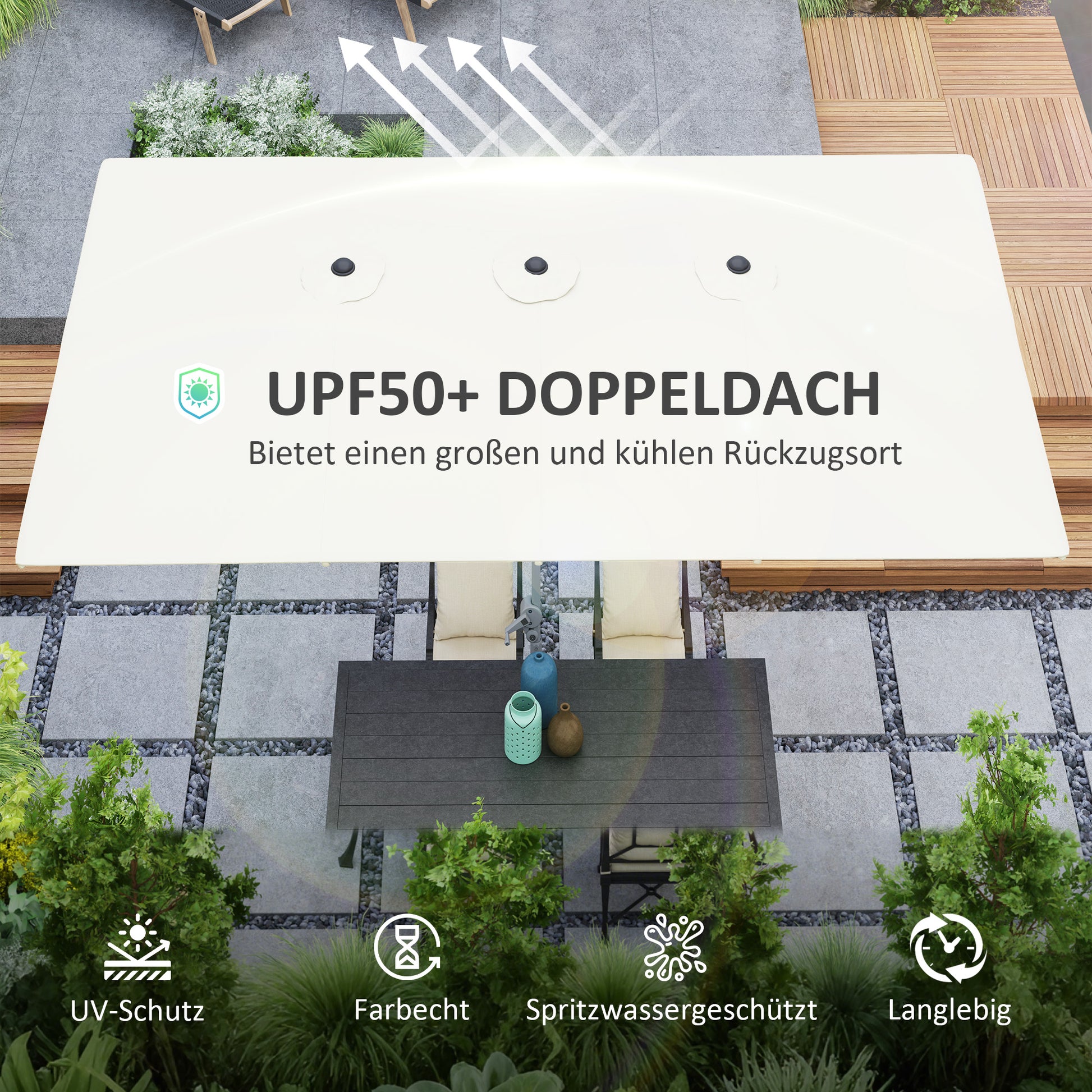 Doppelseitiger Schirm, 451 x 264 cm mit Kurbelsystem, 12 Metallstreben, Aluminiummast