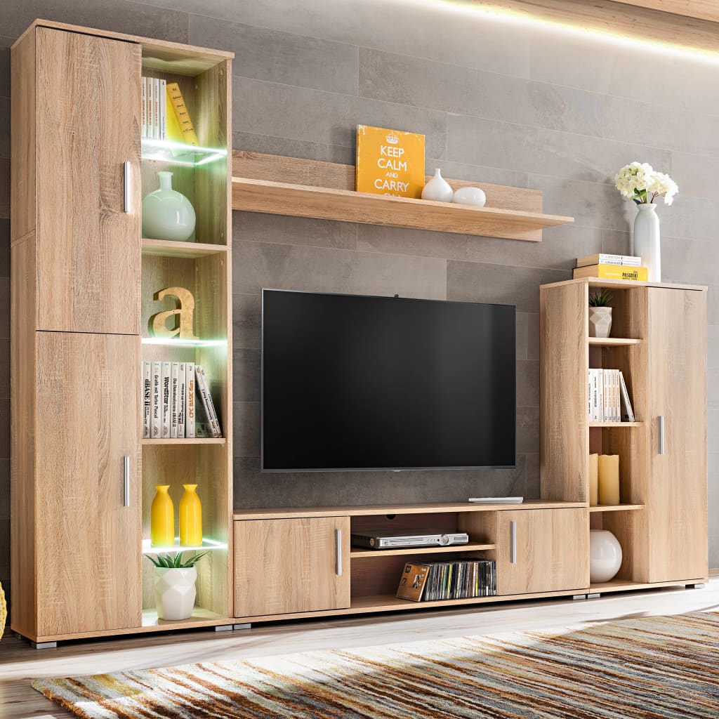 TV Wohnwand Mit LED-Leuchten Sonoma Eiche und Weiß