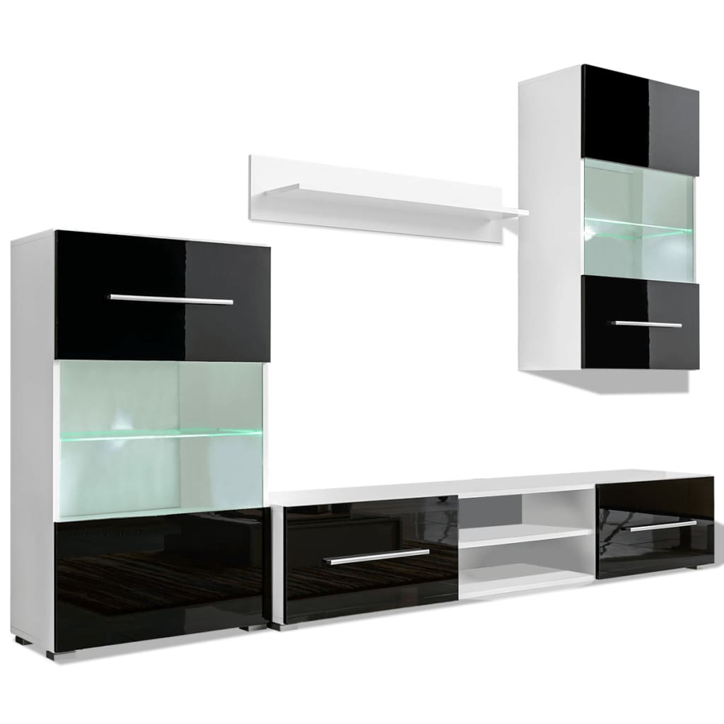 4-Tlg. Wohnwand Mit Tv-Schrank & Led-Leuchten Hochglanz-