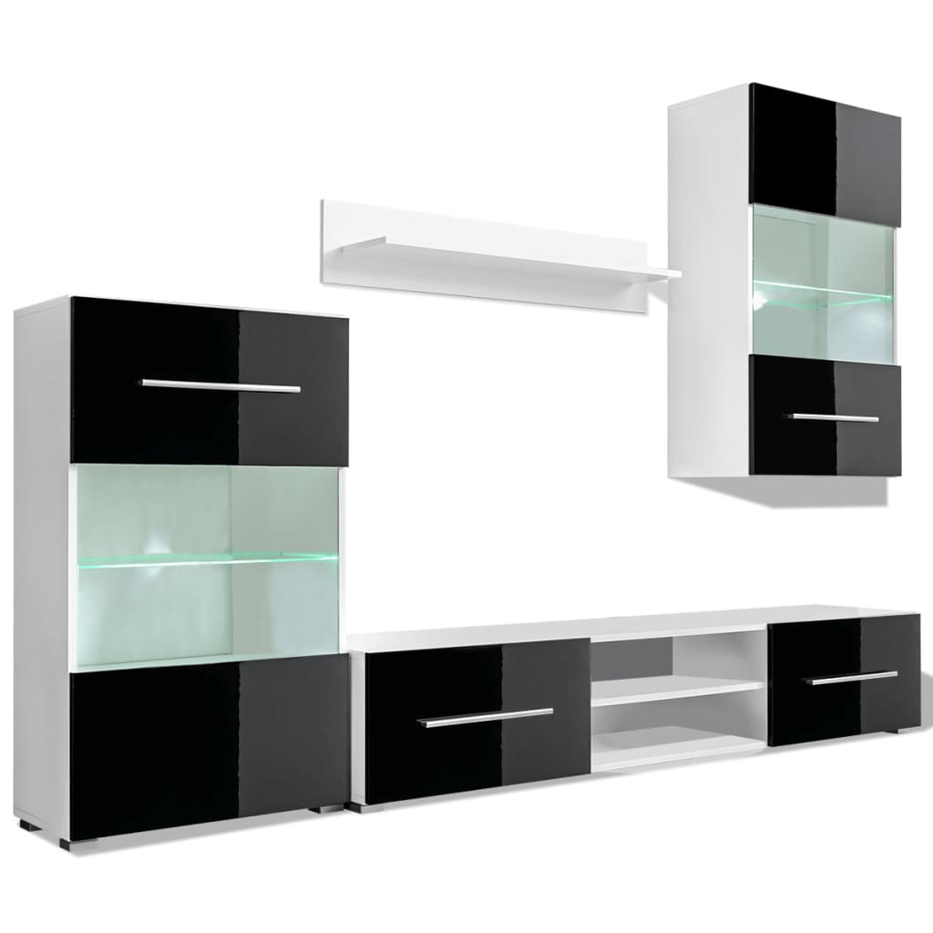 4-Tlg. Wohnwand Mit Tv-Schrank & Led-Leuchten Hochglanz-