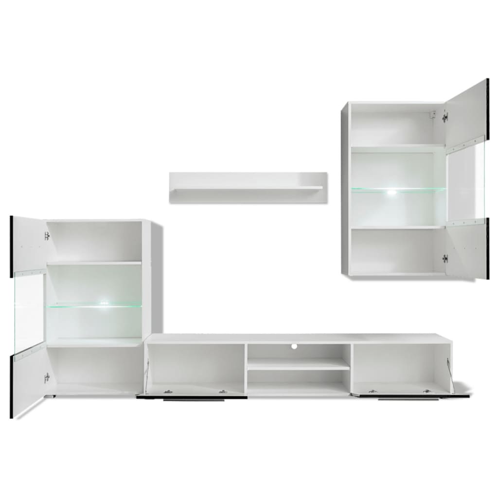 4-Tlg. Wohnwand Mit Tv-Schrank & Led-Leuchten Hochglanz-