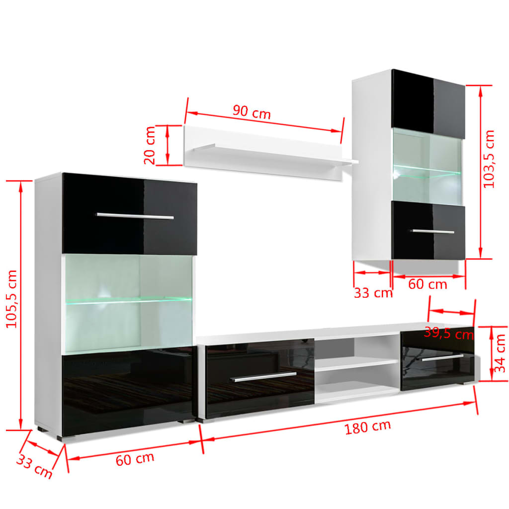 4-Tlg. Wohnwand Mit Tv-Schrank & Led-Leuchten Hochglanz-