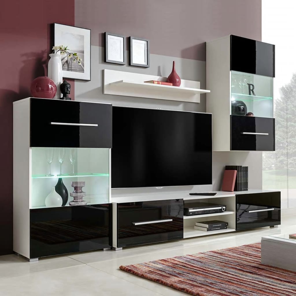 4-Tlg. Wohnwand Mit Tv-Schrank & Led-Leuchten Hochglanz-