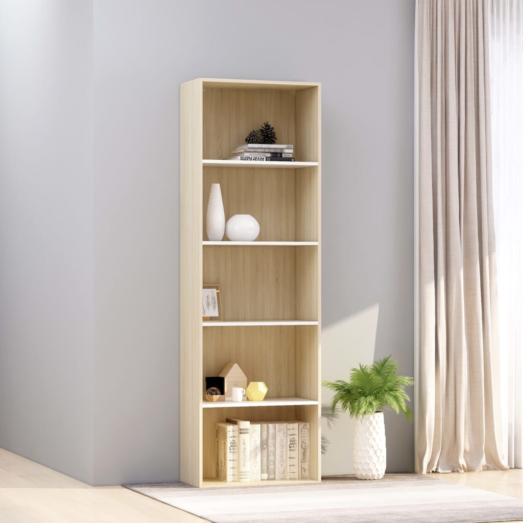 Bücherregal 5 Fächer Weiß Sonoma-Eiche 80X30X189 Holzwerkstoff Weiß Und Sonoma-Eiche