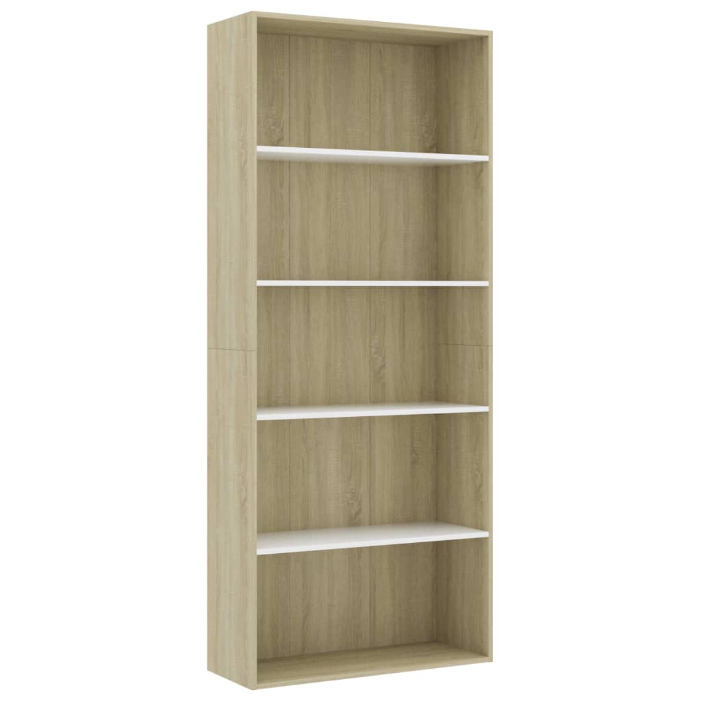 Bücherregal 5 Fächer Weiß Sonoma-Eiche 80X30X189 Holzwerkstoff Weiß Und Sonoma-Eiche
