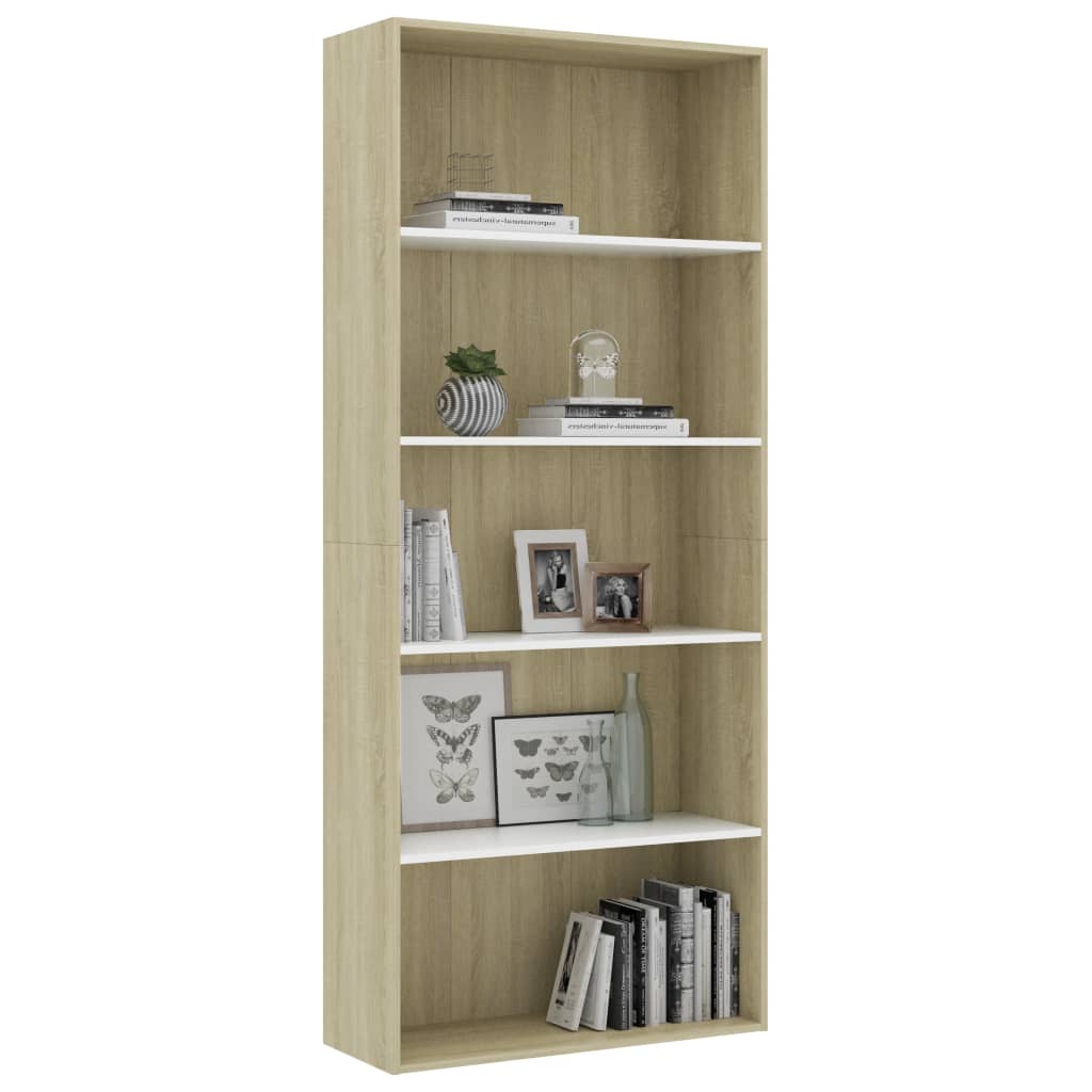 Bücherregal 5 Fächer Weiß Sonoma-Eiche 80X30X189 Holzwerkstoff Weiß Und Sonoma-Eiche
