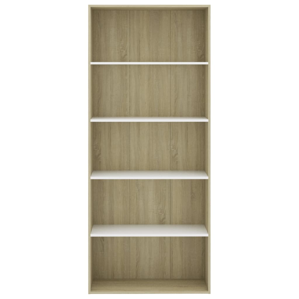 Bücherregal 5 Fächer Weiß Sonoma-Eiche 80X30X189 Holzwerkstoff Weiß Und Sonoma-Eiche