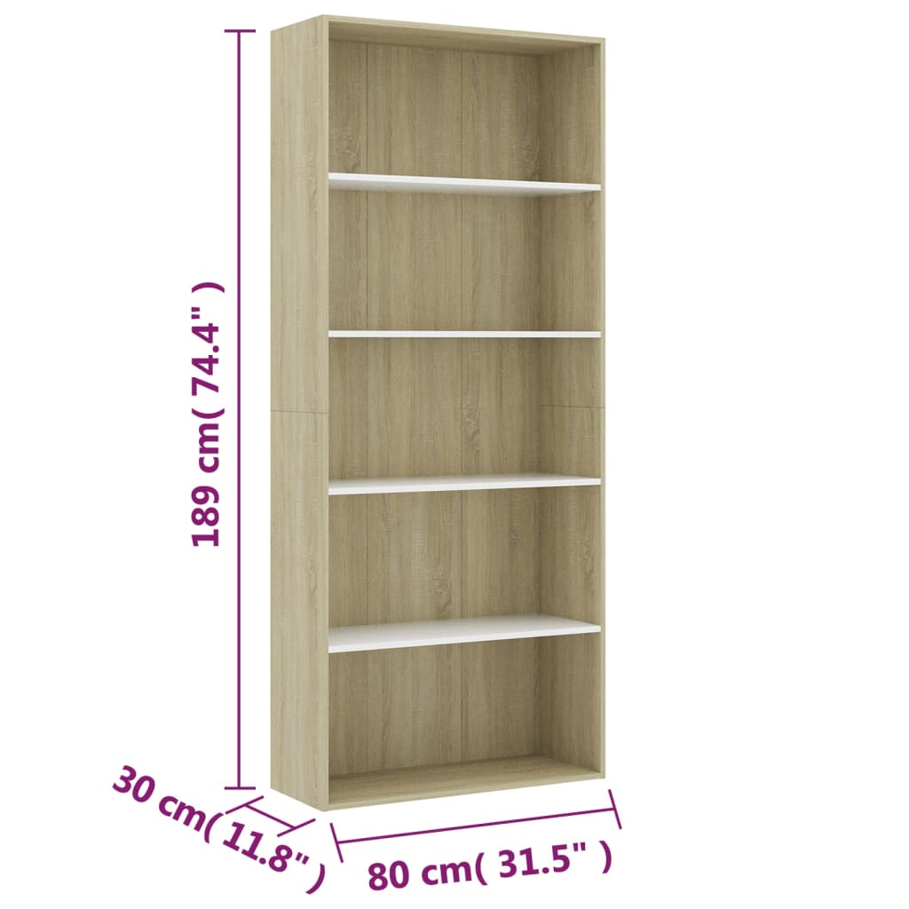 Bücherregal 5 Fächer Weiß Sonoma-Eiche 80X30X189 Holzwerkstoff Weiß Und Sonoma-Eiche