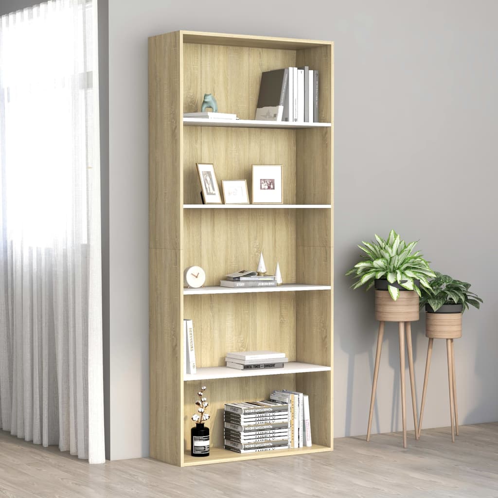 Bücherregal 5 Fächer Weiß Sonoma-Eiche 80X30X189 Holzwerkstoff Weiß Und Sonoma-Eiche