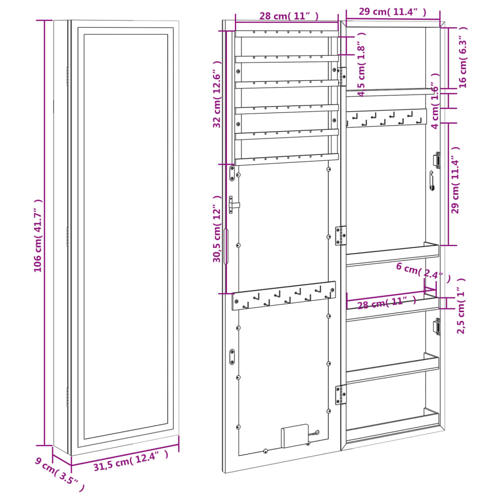 Spiegel-Schmuckschrank Mit Led-Beleuchtung Wandmontage
