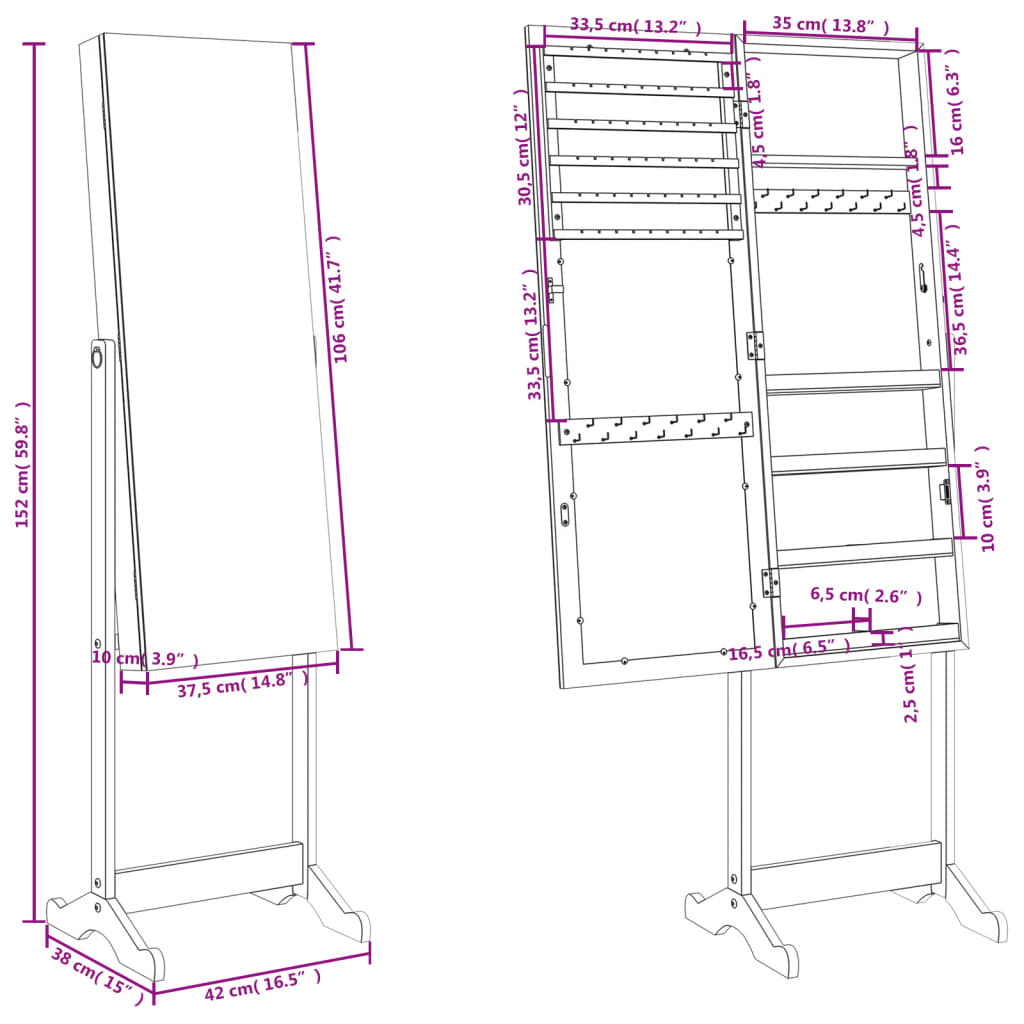 Spiegel-Schmuckschrank Freistehend 42X38X152 Cm